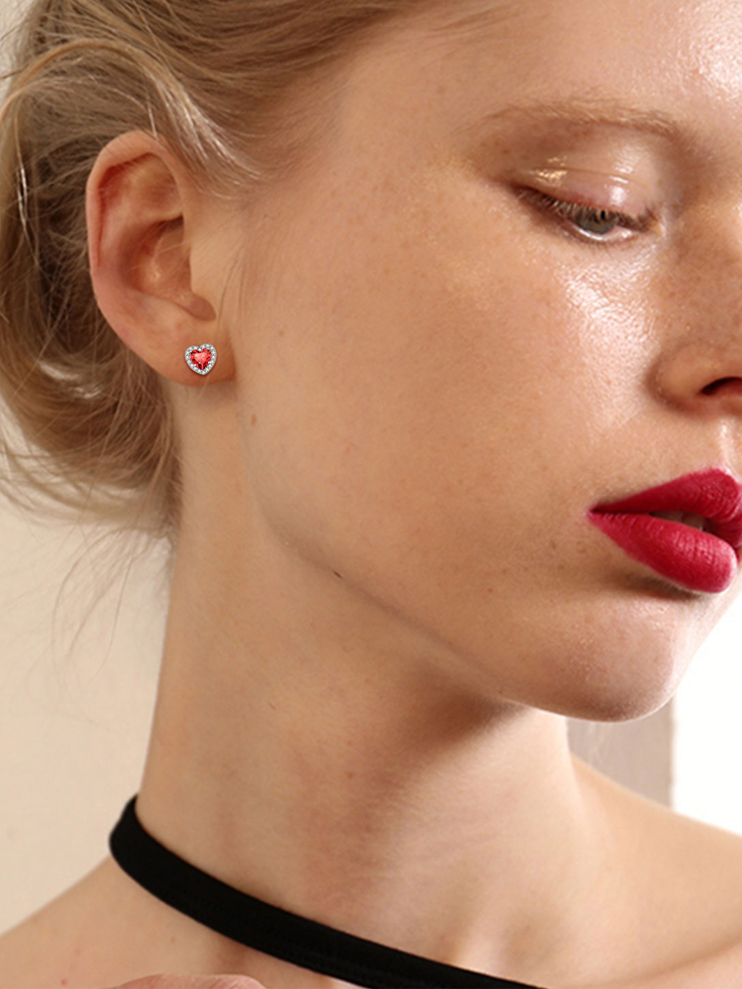 Heart Birthstone with Cubic Zirconia Halo Stud Earrings