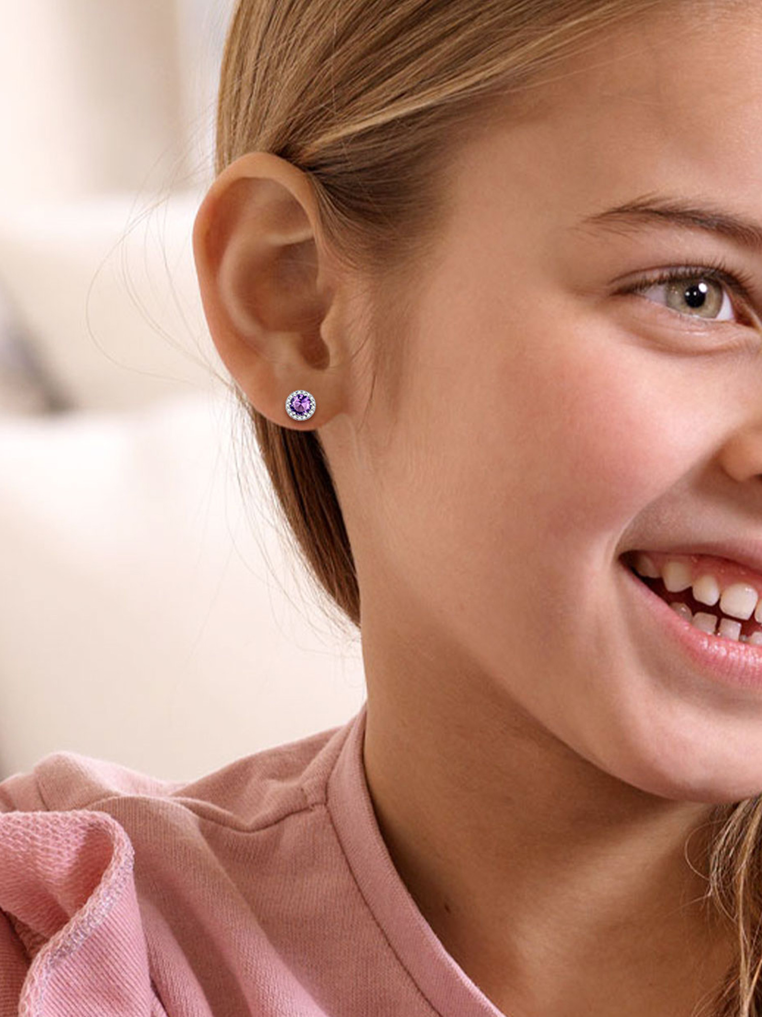 Round Birthstone with Cubic Zirconia Halo Stud Earrings