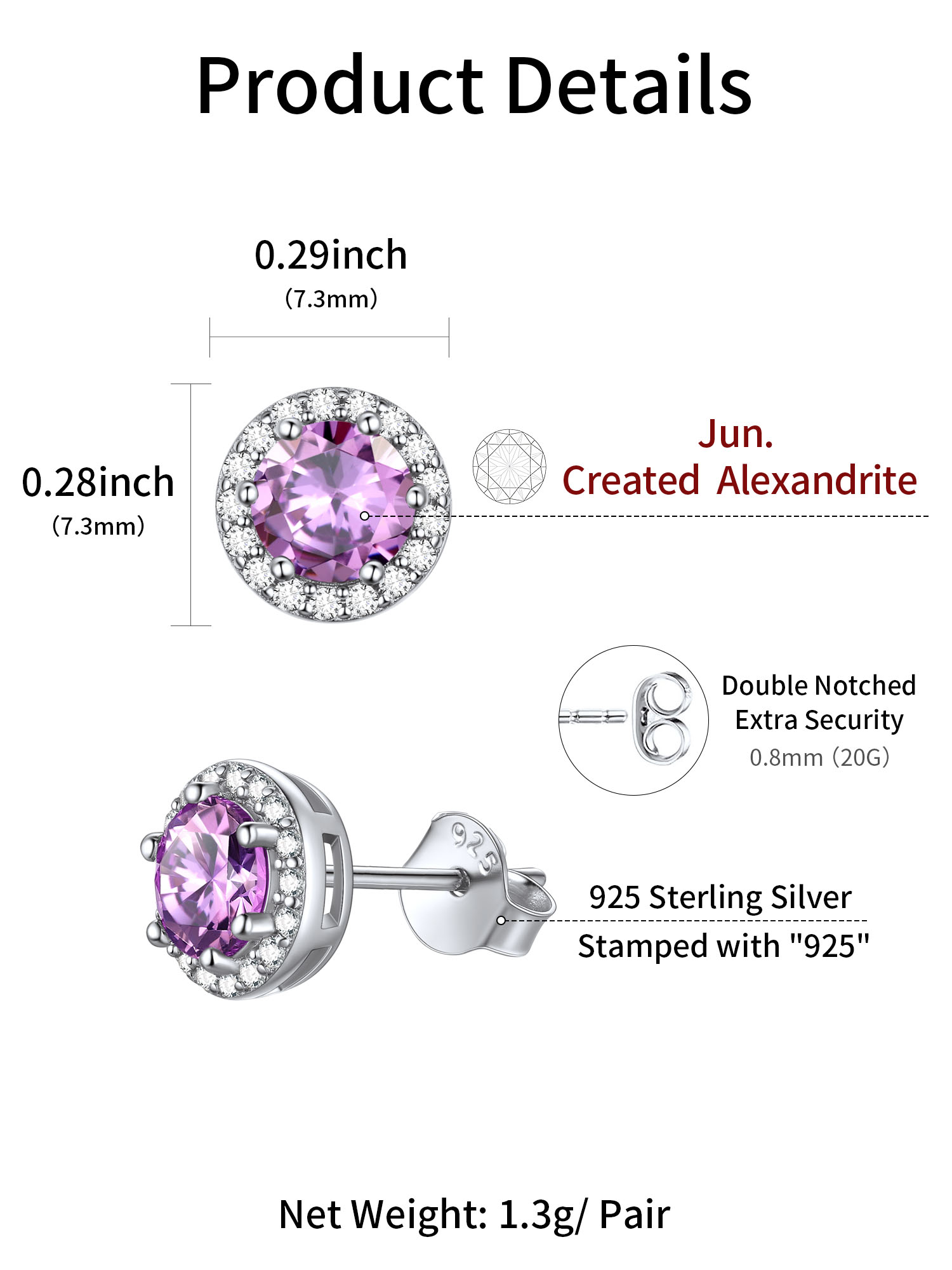 Round Birthstone with Cubic Zirconia Halo Stud Earrings