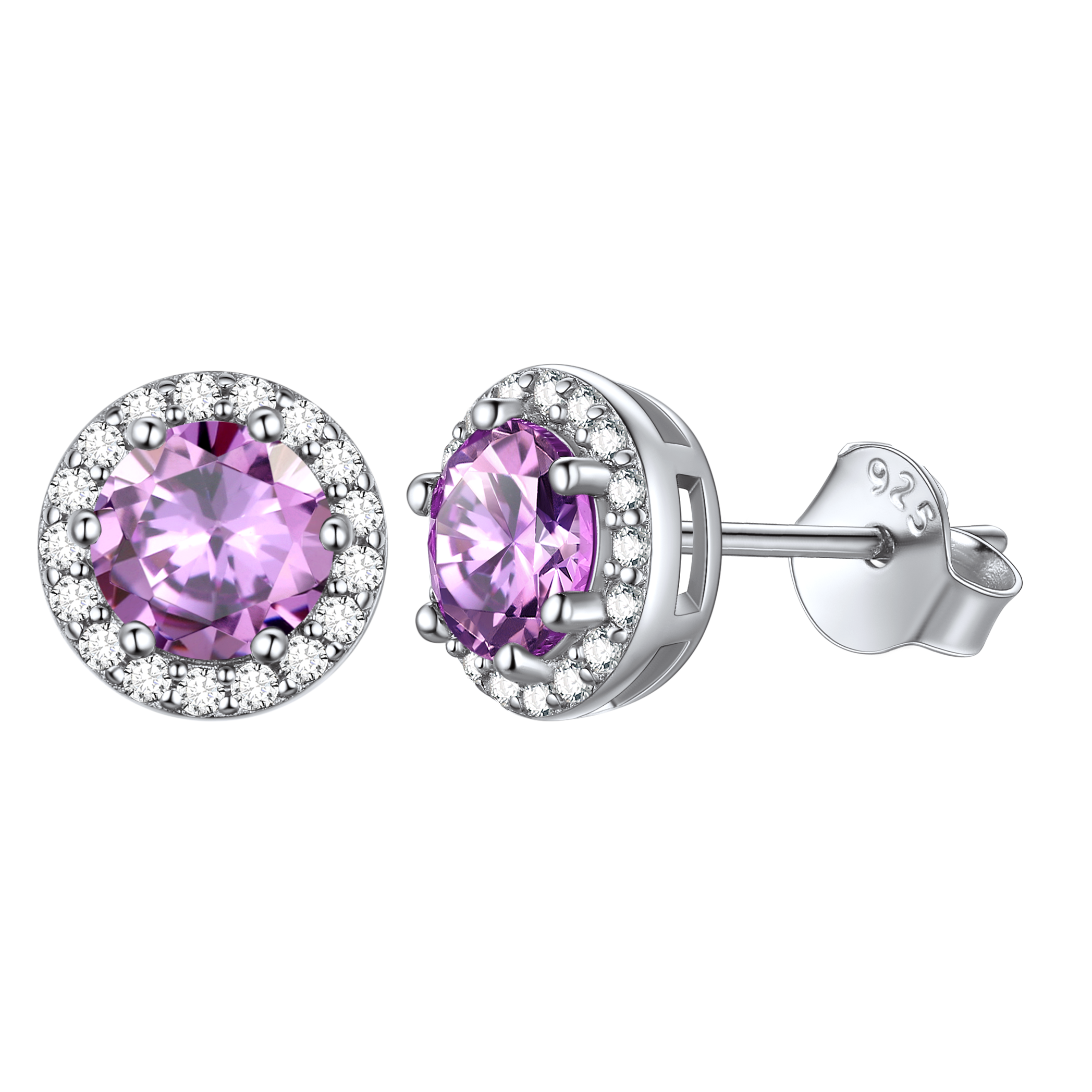 Round Birthstone with Cubic Zirconia Halo Stud Earrings