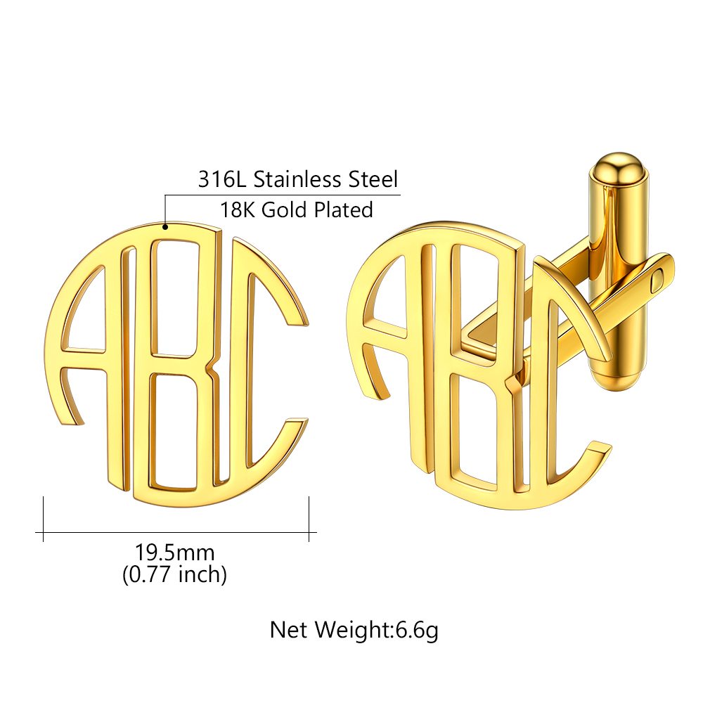 18k Gold Plated Sturdy 316L Stainless Steel Custom 3 Letters Round Cufflinks