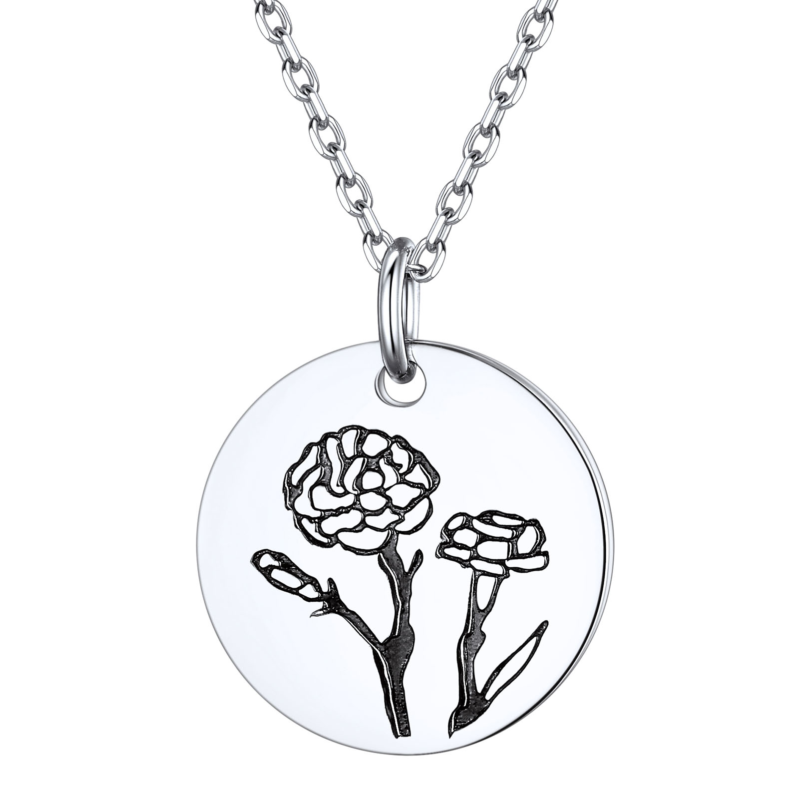Birth Month Flower Engraved Floral Disc Dainty Necklace