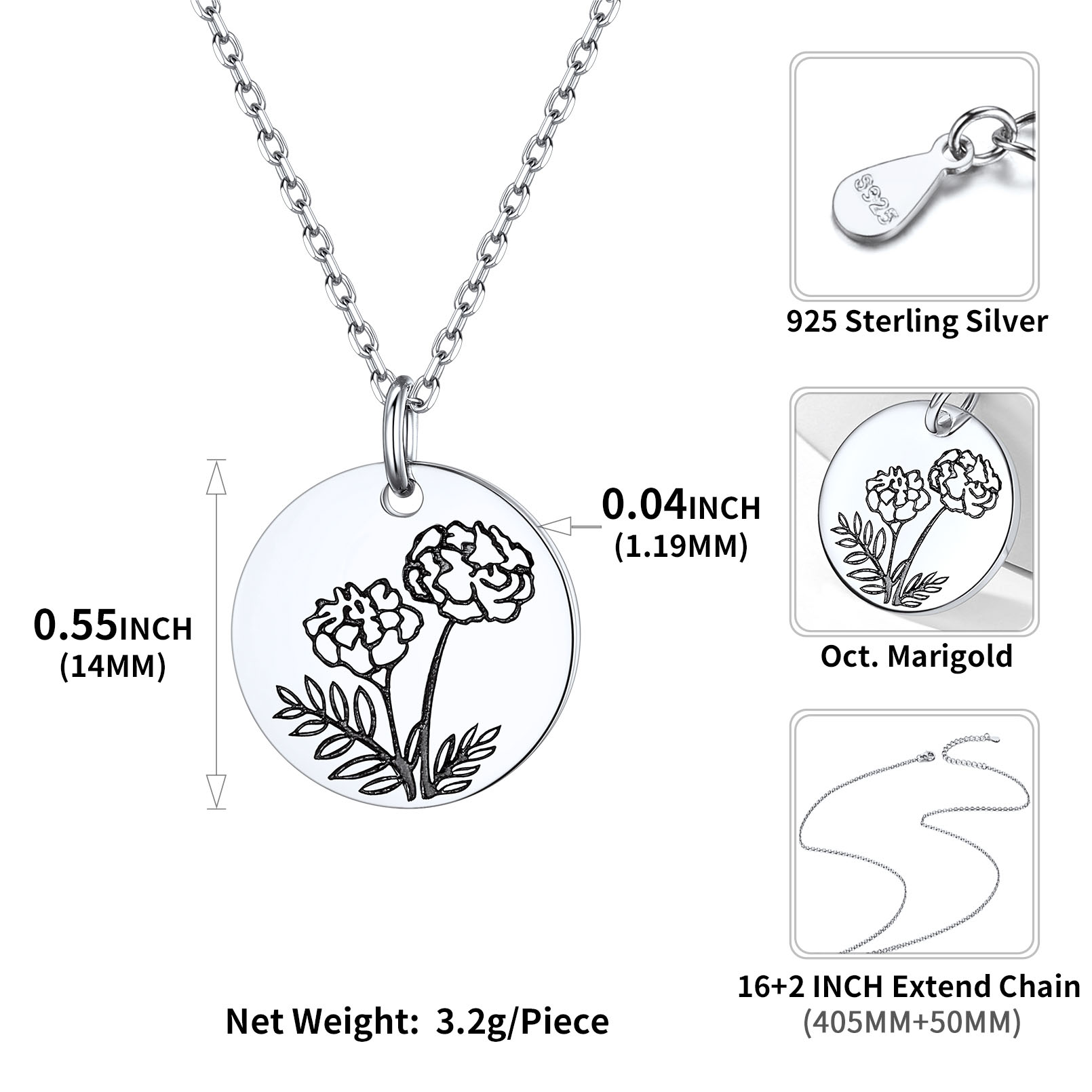 Birth Month Flower Engraved Floral Disc Dainty Necklace