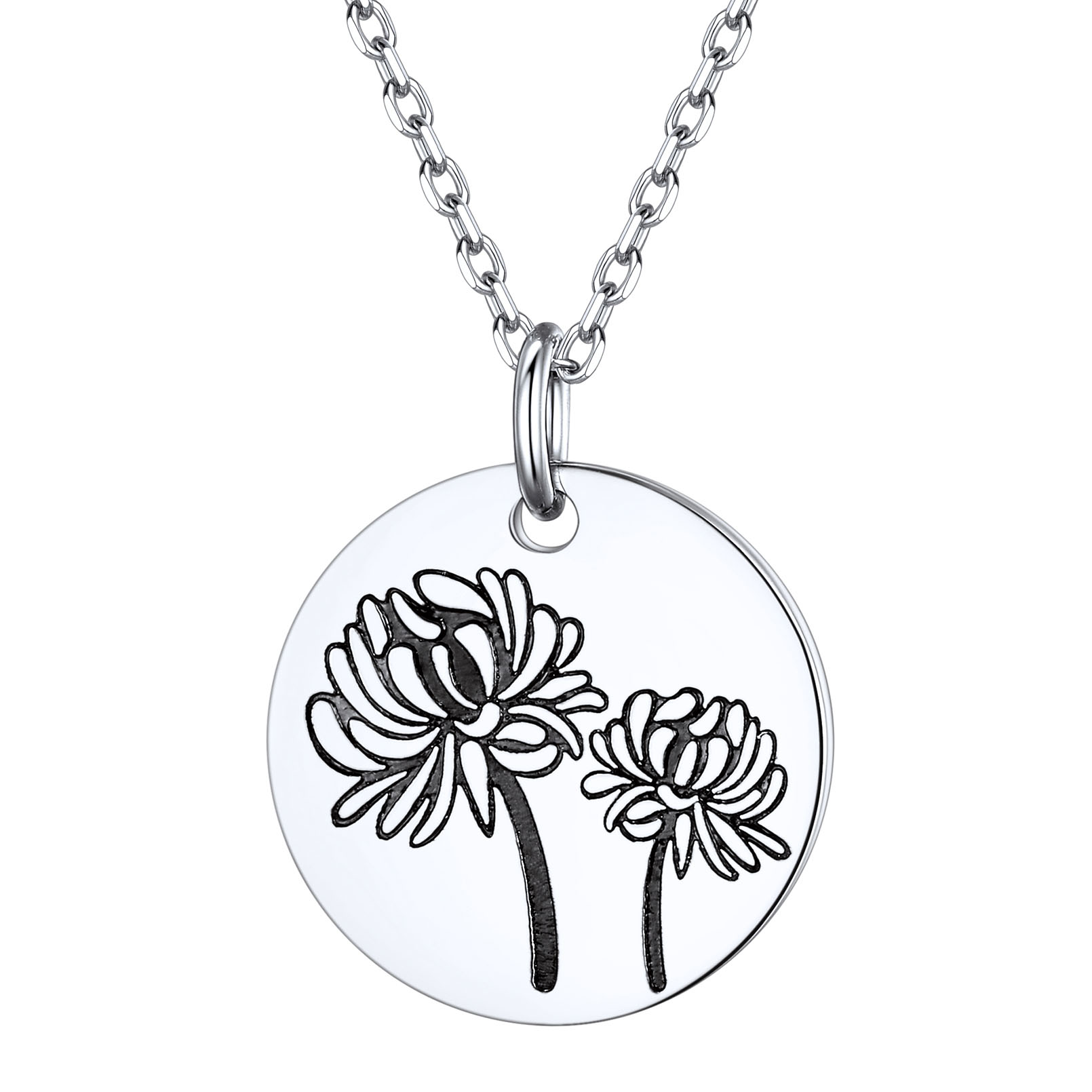 Birth Month Flower Engraved Floral Disc Dainty Necklace
