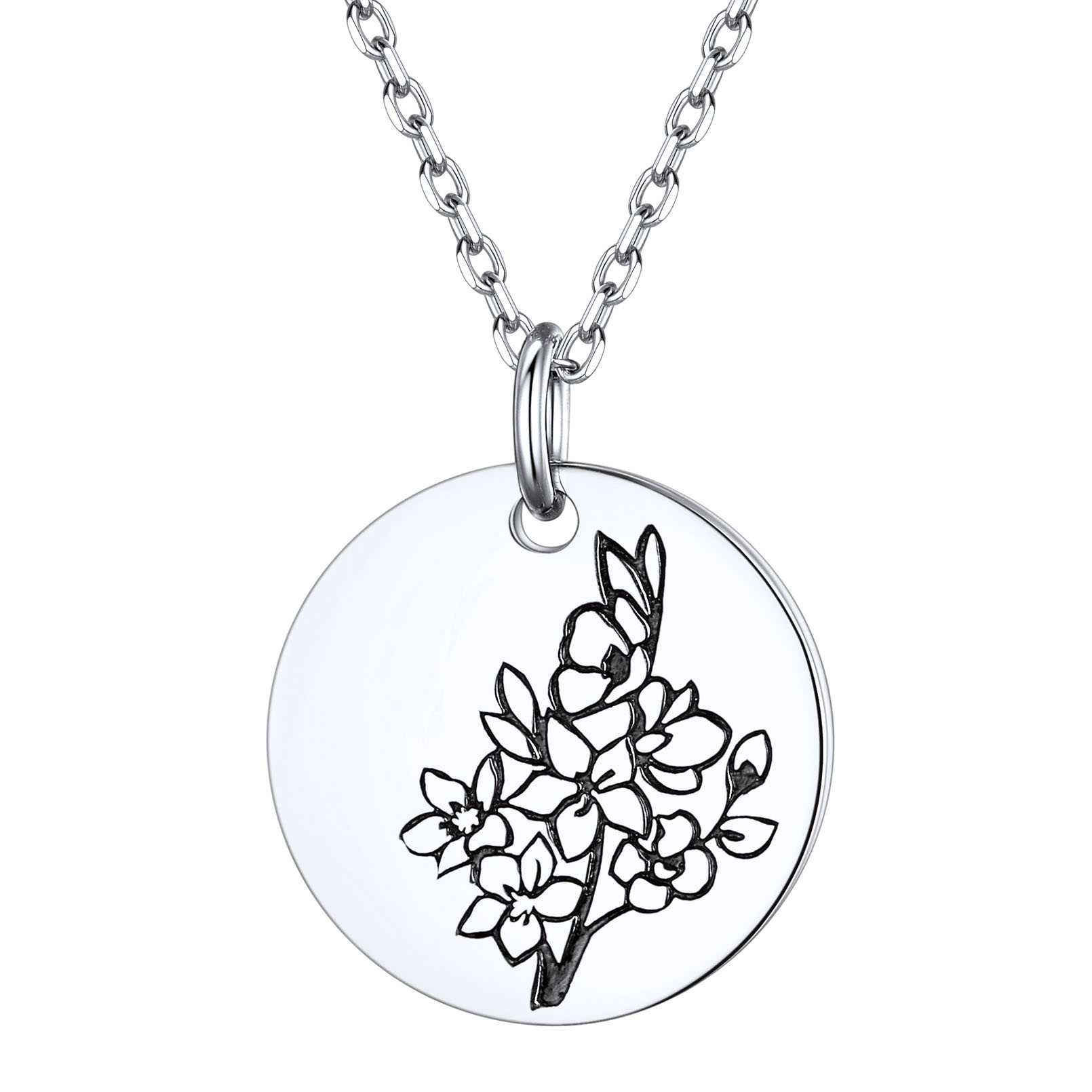 Birth Month Flower Engraved Floral Disc Dainty Necklace