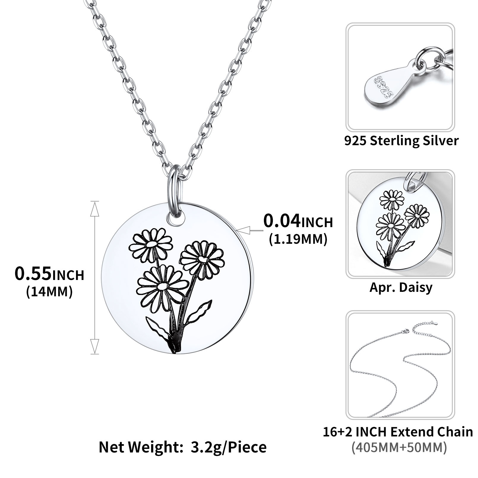 Birth Month Flower Engraved Floral Disc Dainty Necklace