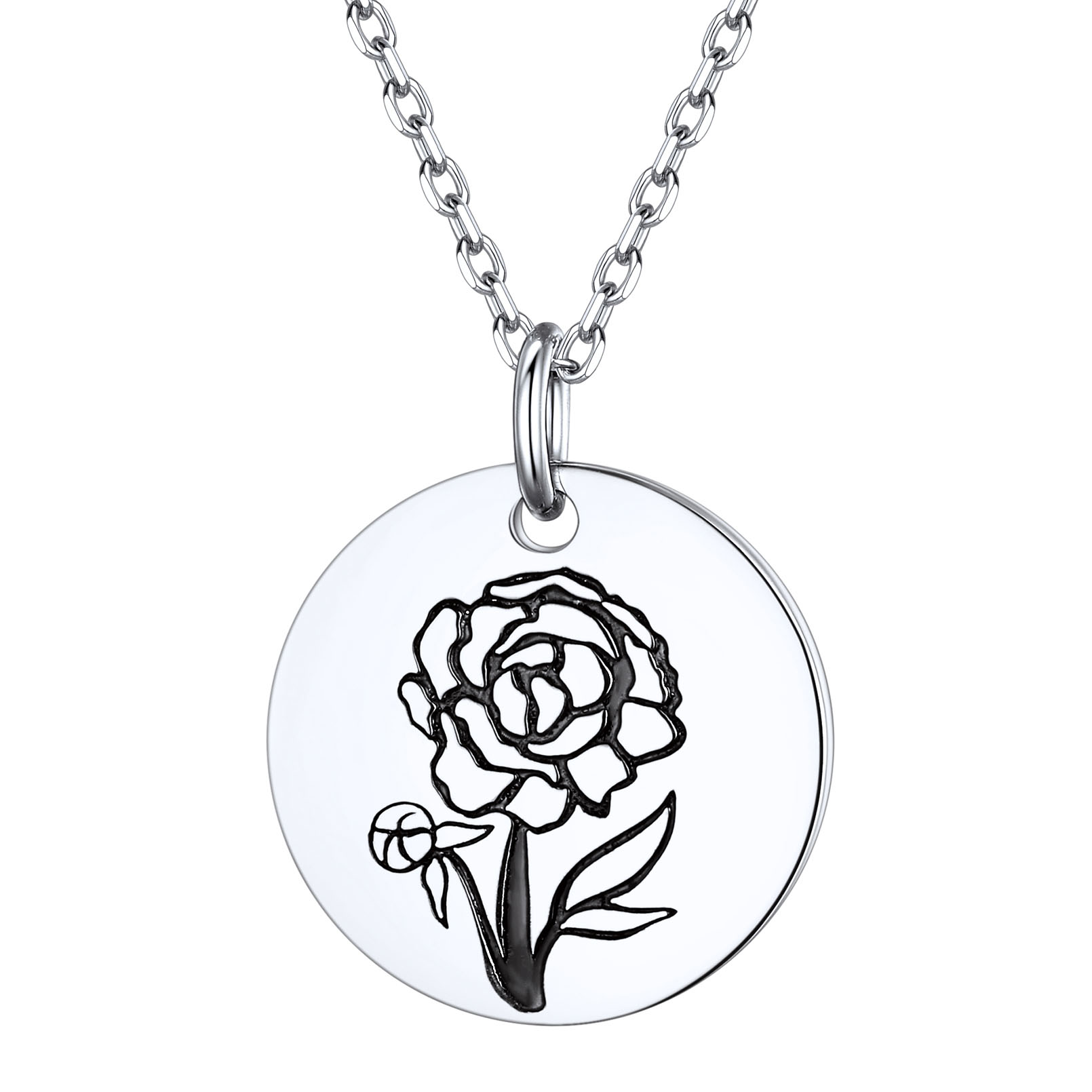 Birth Month Flower Engraved Floral Disc Dainty Necklace