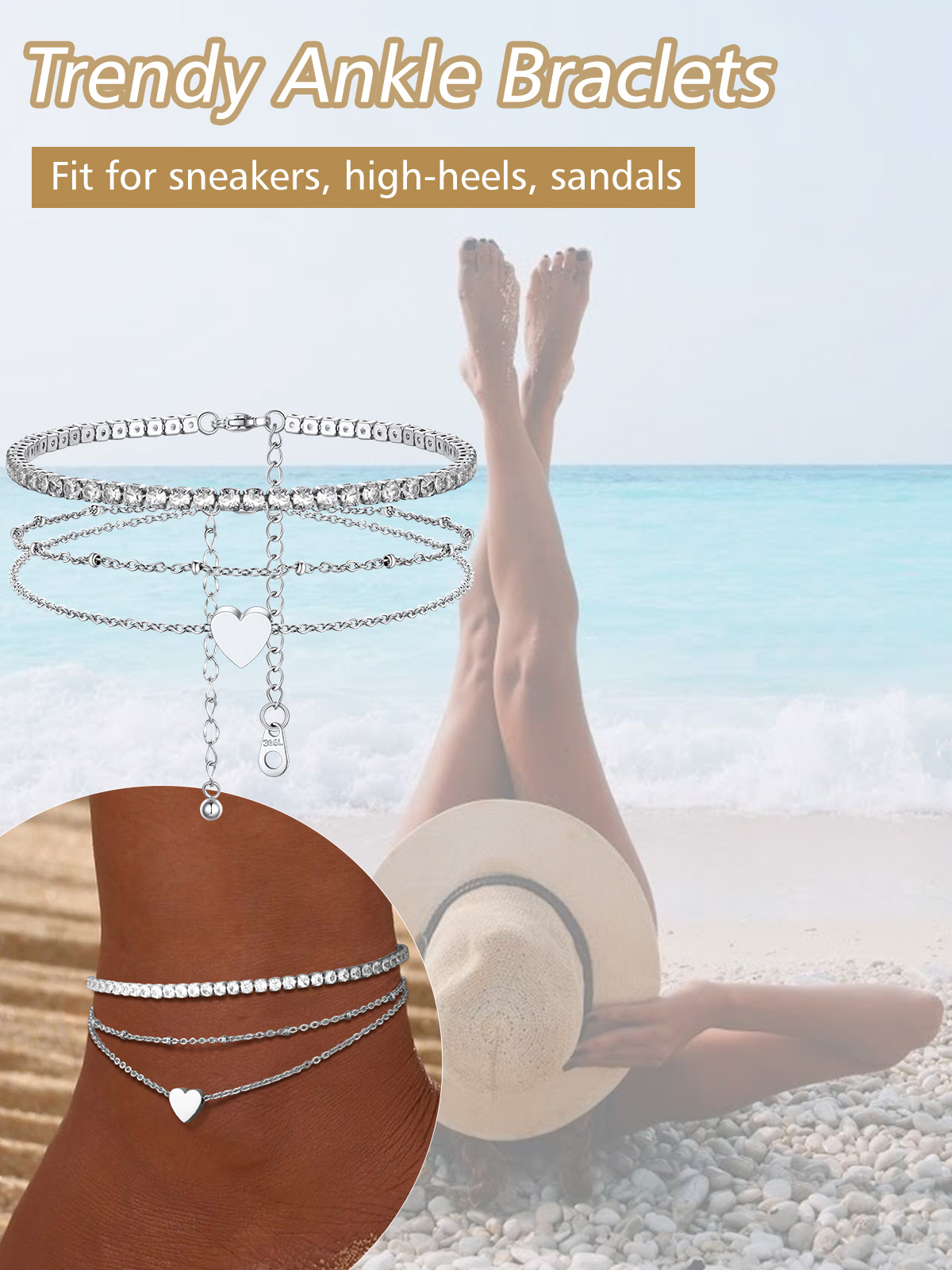 Boho Beaded Heart Charm Ankle Bracelet 