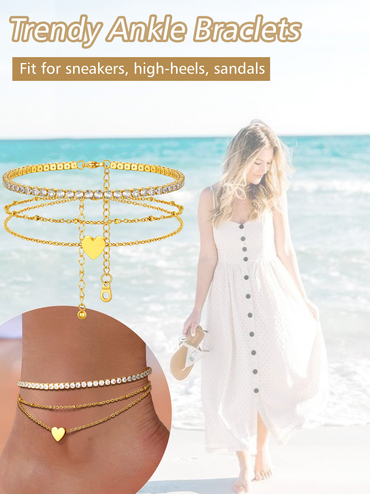 Boho Beaded Heart Charm Ankle Bracelet 