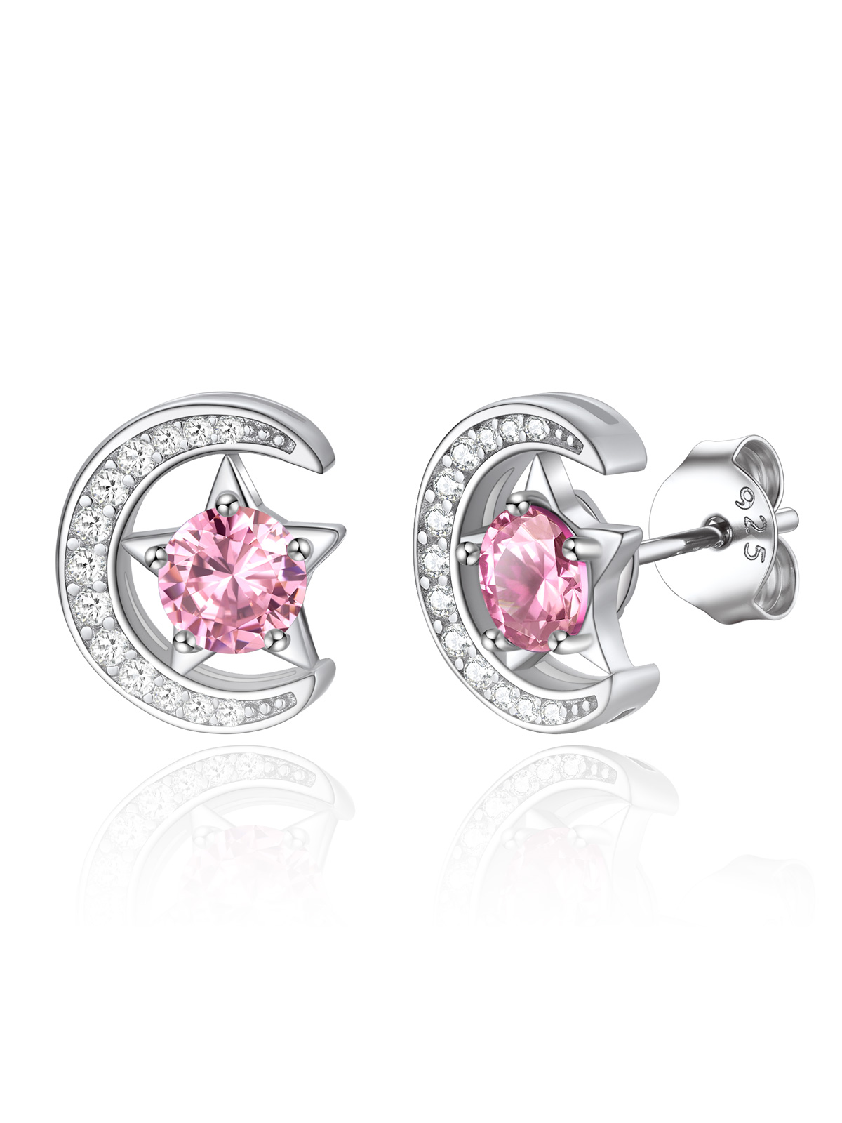 Sparkly Sterling Silver Cute Moon Star Birthstone Star Earrings