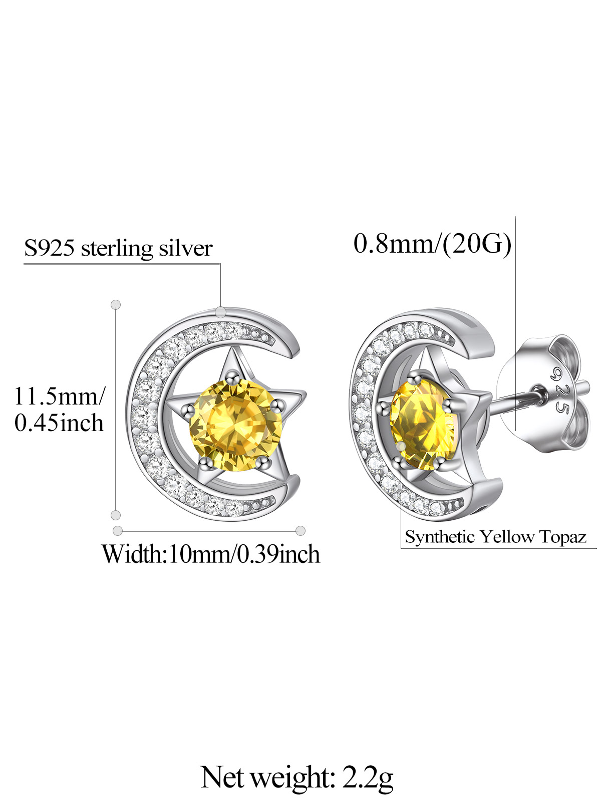 Sparkly Sterling Silver Cute Moon Star Birthstone Star Earrings