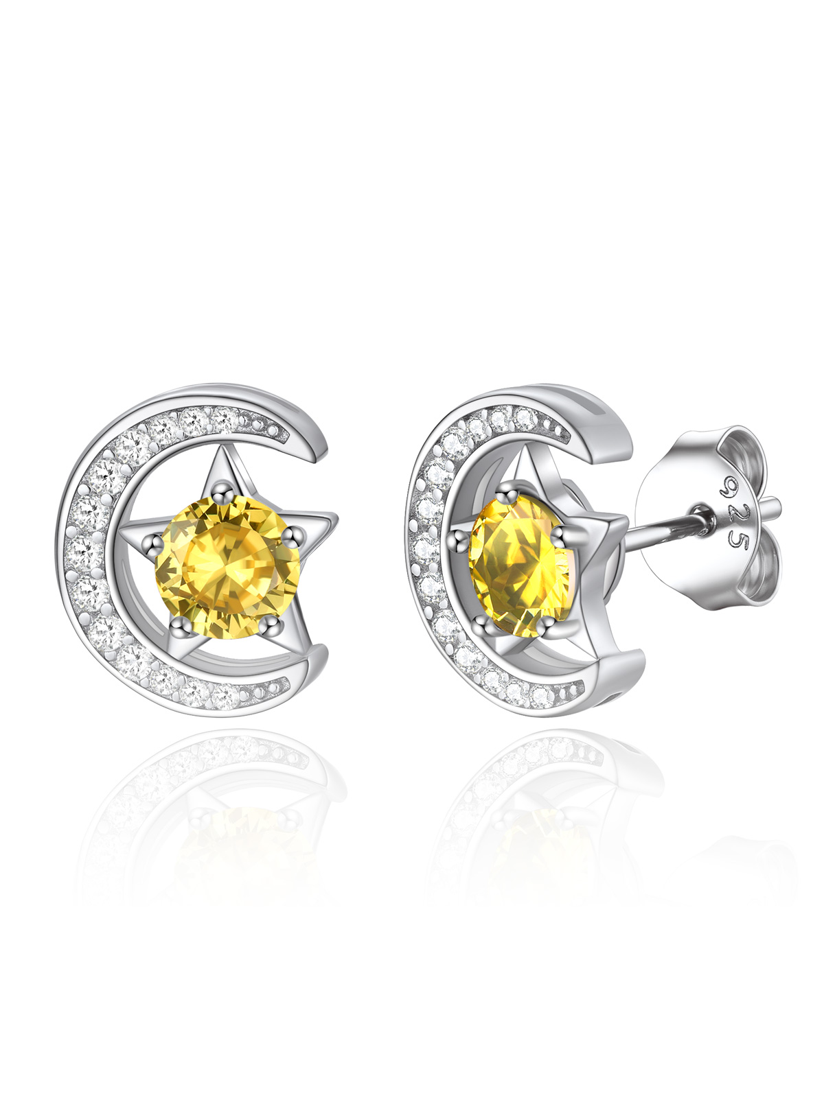 Sparkly Sterling Silver Cute Moon Star Birthstone Star Earrings