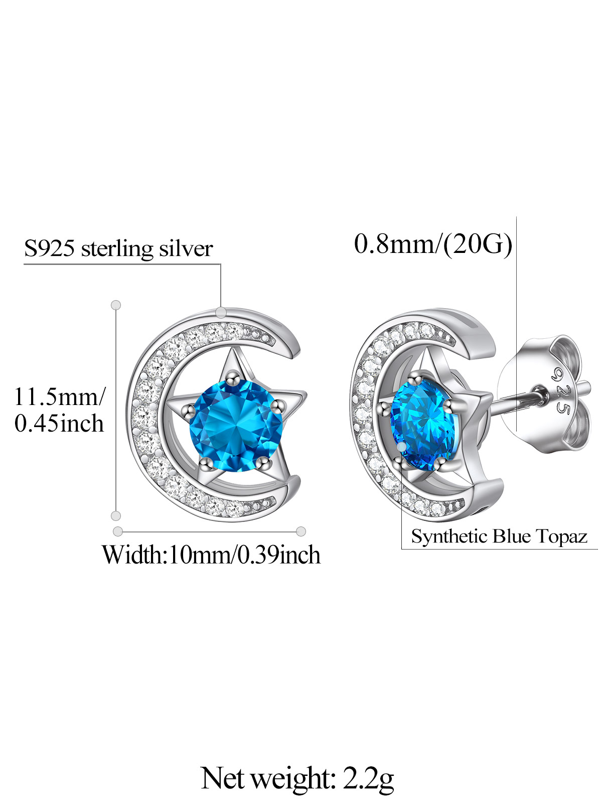 Sparkly Sterling Silver Cute Moon Star Birthstone Star Earrings