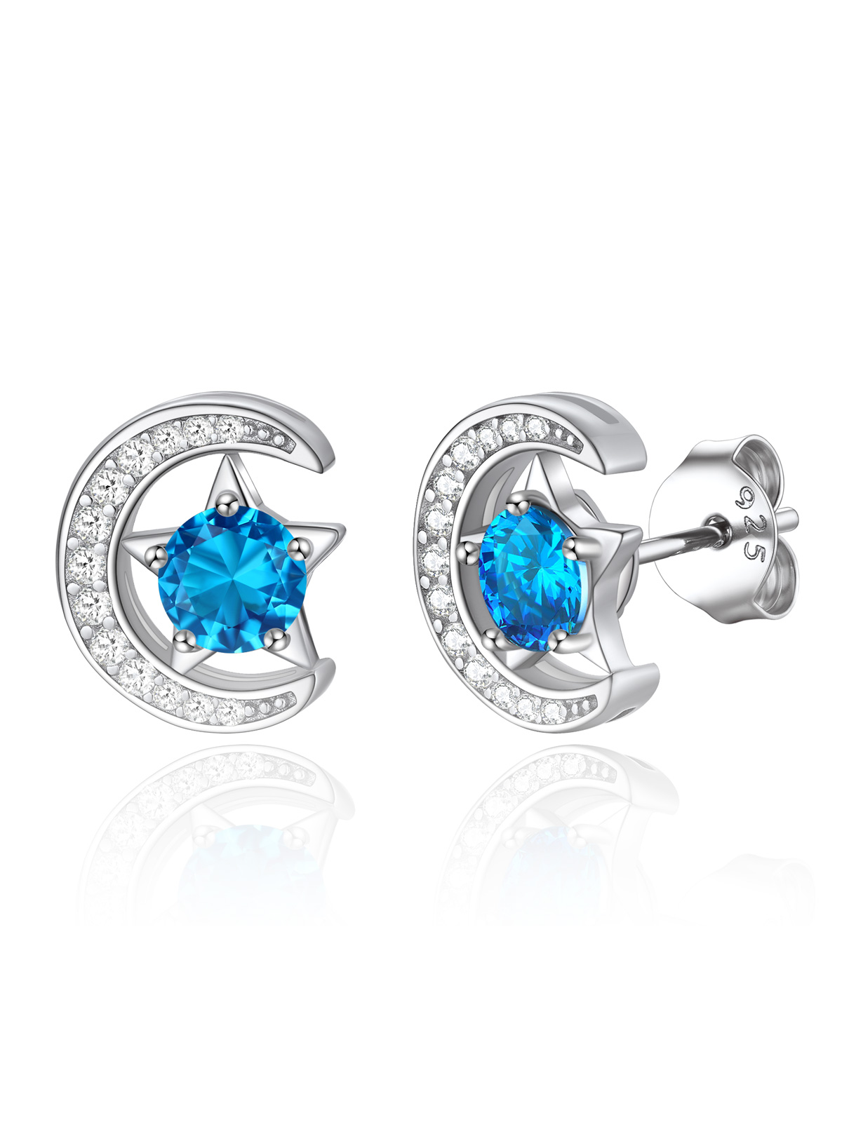 Sparkly Sterling Silver Cute Moon Star Birthstone Star Earrings