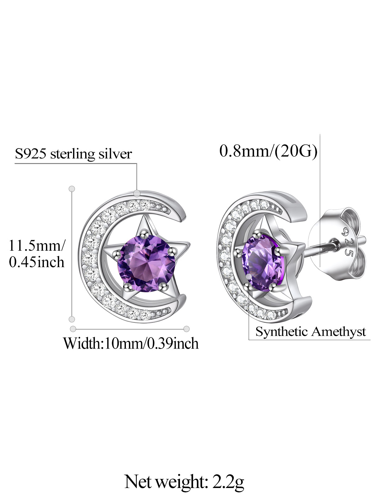 Sparkly Sterling Silver Cute Moon Star Birthstone Star Earrings