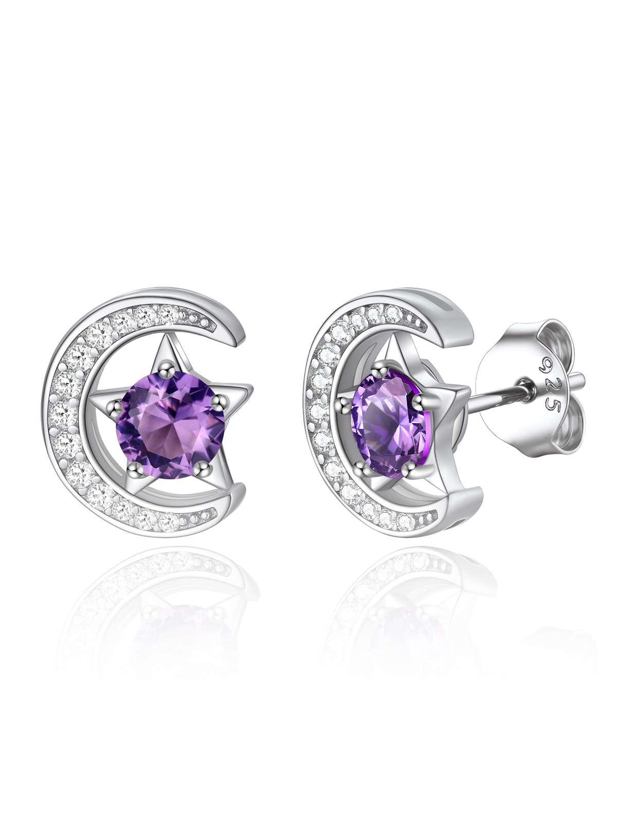 Sparkly Sterling Silver Cute Moon Star Birthstone Star Earrings