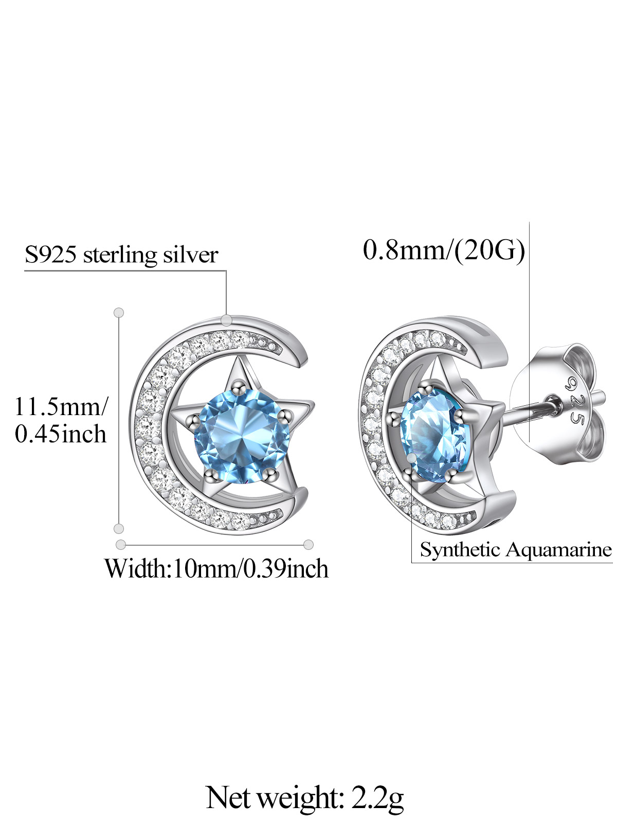 Sparkly Sterling Silver Cute Moon Star Birthstone Star Earrings