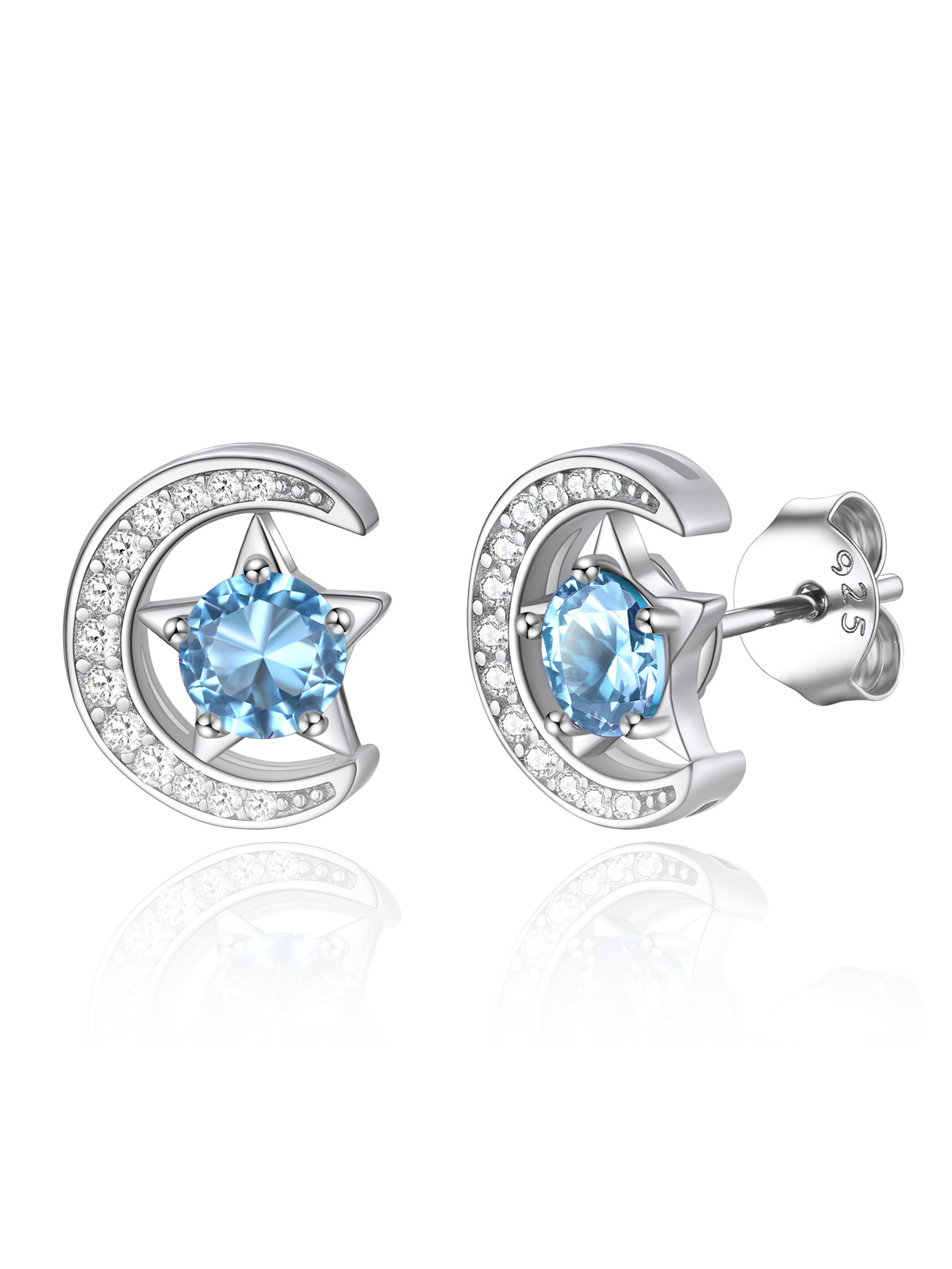 Sparkly Sterling Silver Cute Moon Star Birthstone Star Earrings