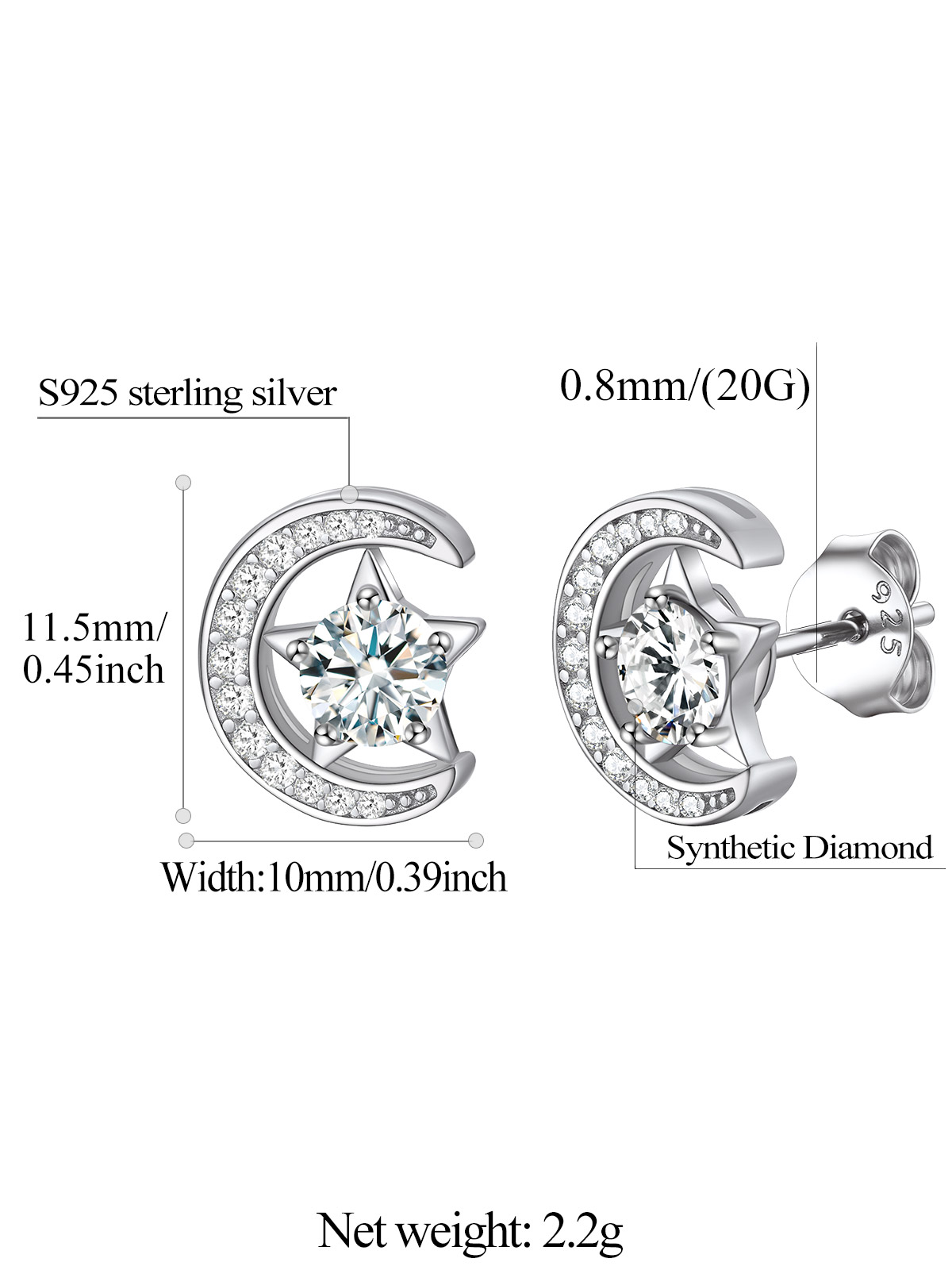 Sparkly Sterling Silver Cute Moon Star Birthstone Star Earrings