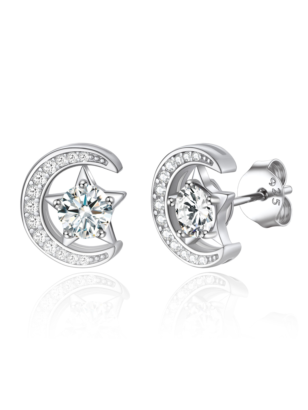 Sparkly Sterling Silver Cute Moon Star Birthstone Star Earrings