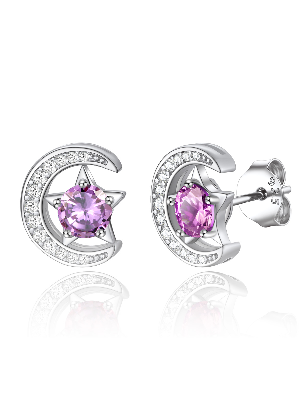 Sparkly Sterling Silver Cute Moon Star Birthstone Star Earrings