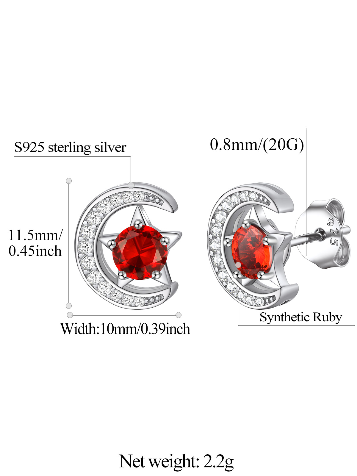 Sparkly Sterling Silver Cute Moon Star Birthstone Star Earrings