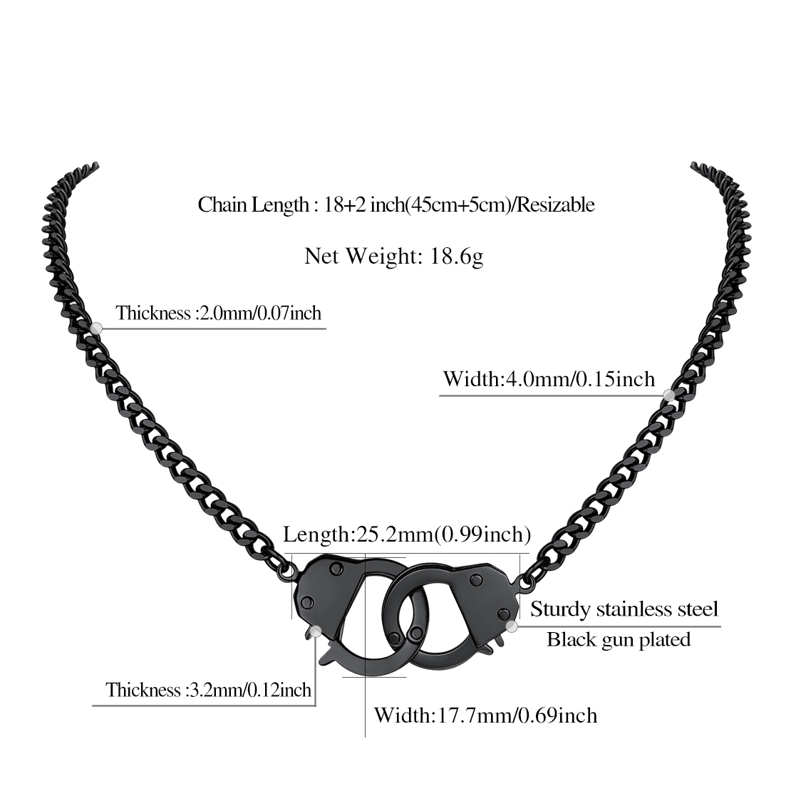 Punk Statement Handcuff Chain Necklace Details: Dimensions, Hypoallergenic, Lobster-Claw-Clasps