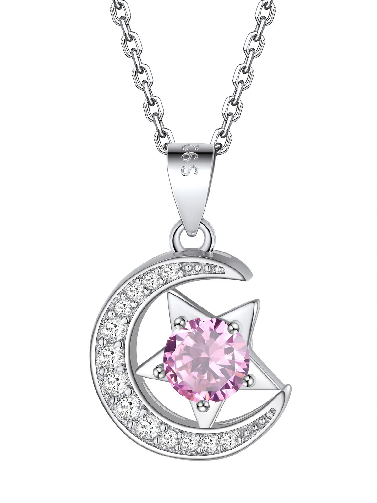 Sparkly Sterling Silver Cute Moon Star Birthstone Necklace