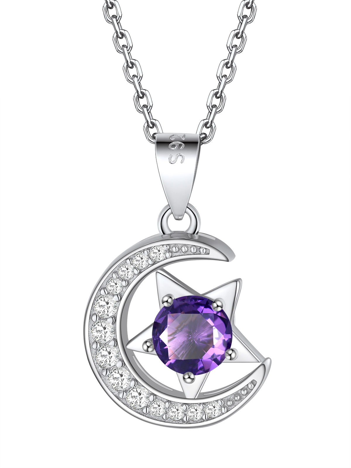 Sparkly Sterling Silver Cute Moon Star Birthstone Necklace