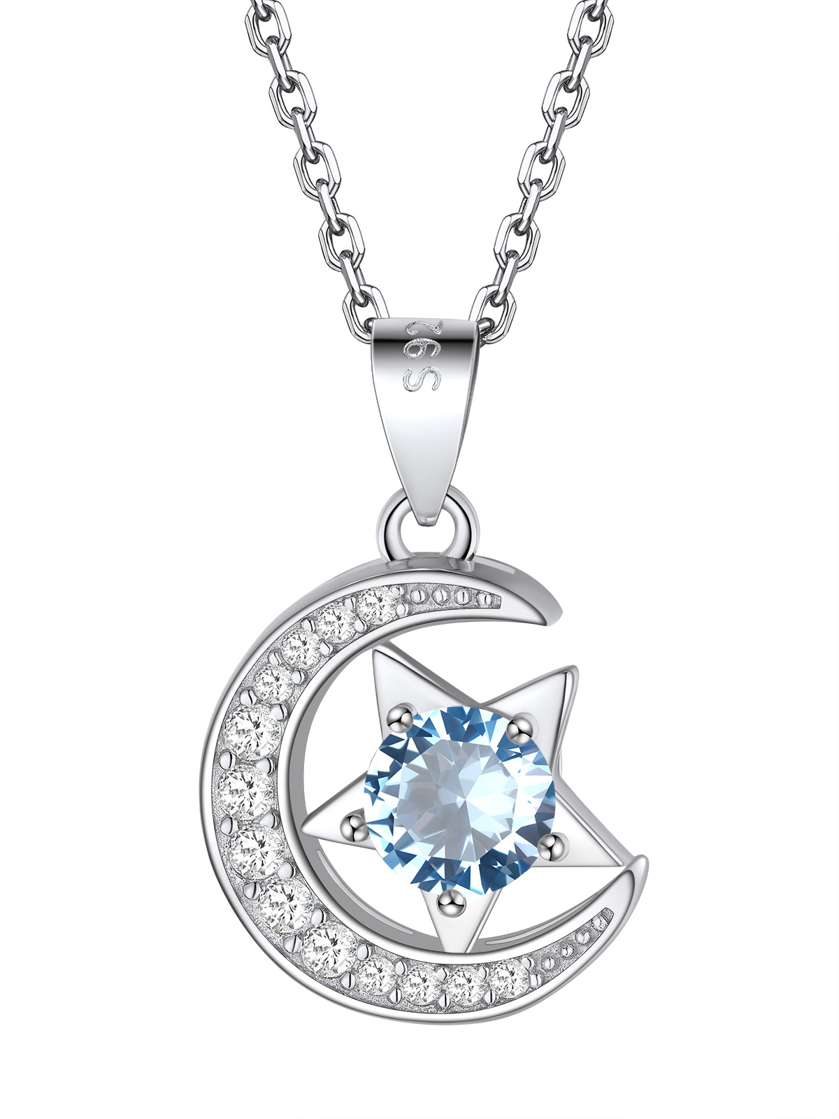 Sparkly Sterling Silver Cute Moon Star Birthstone Necklace