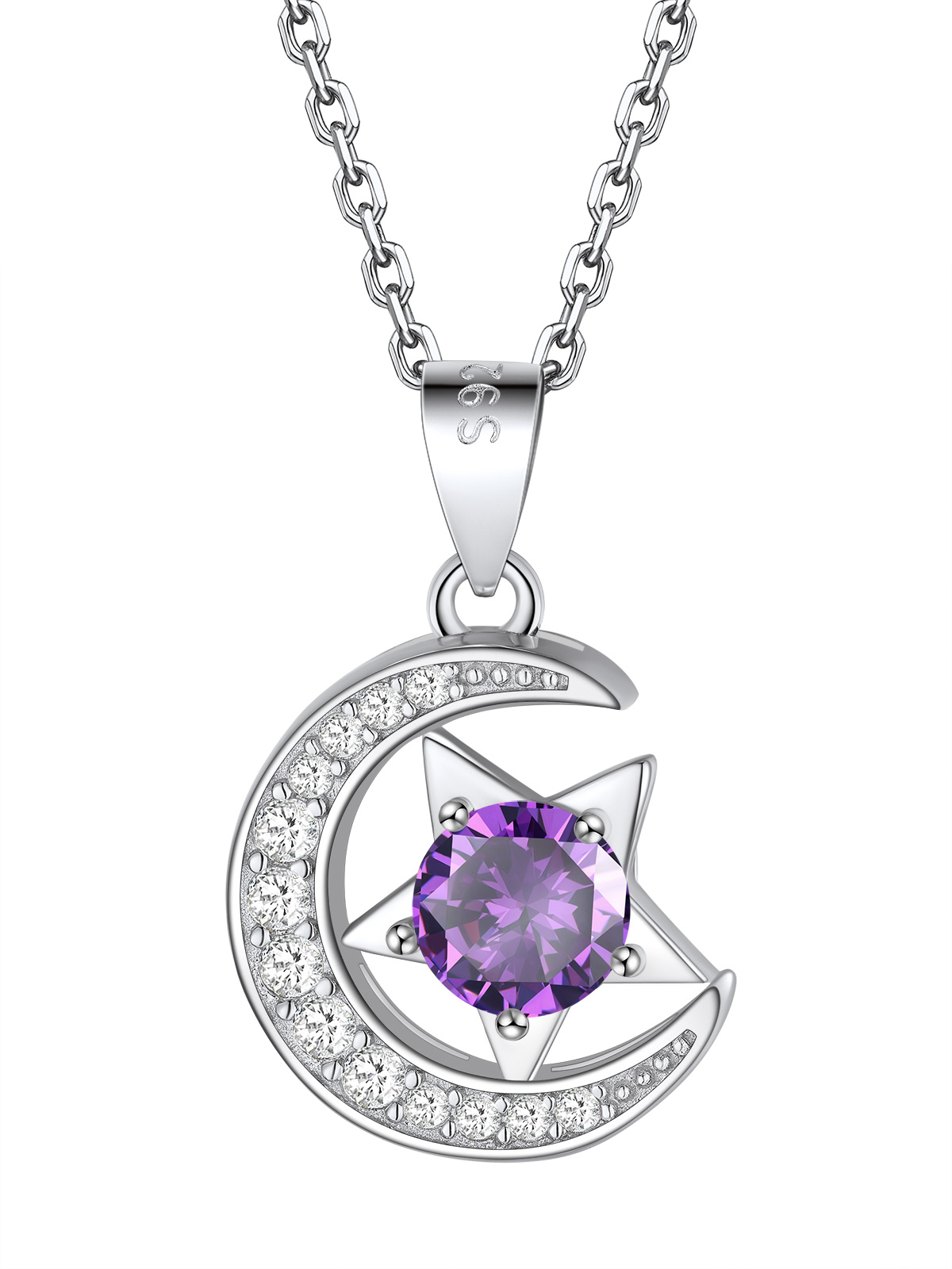 Sparkly Sterling Silver Cute Moon Star Birthstone Necklace