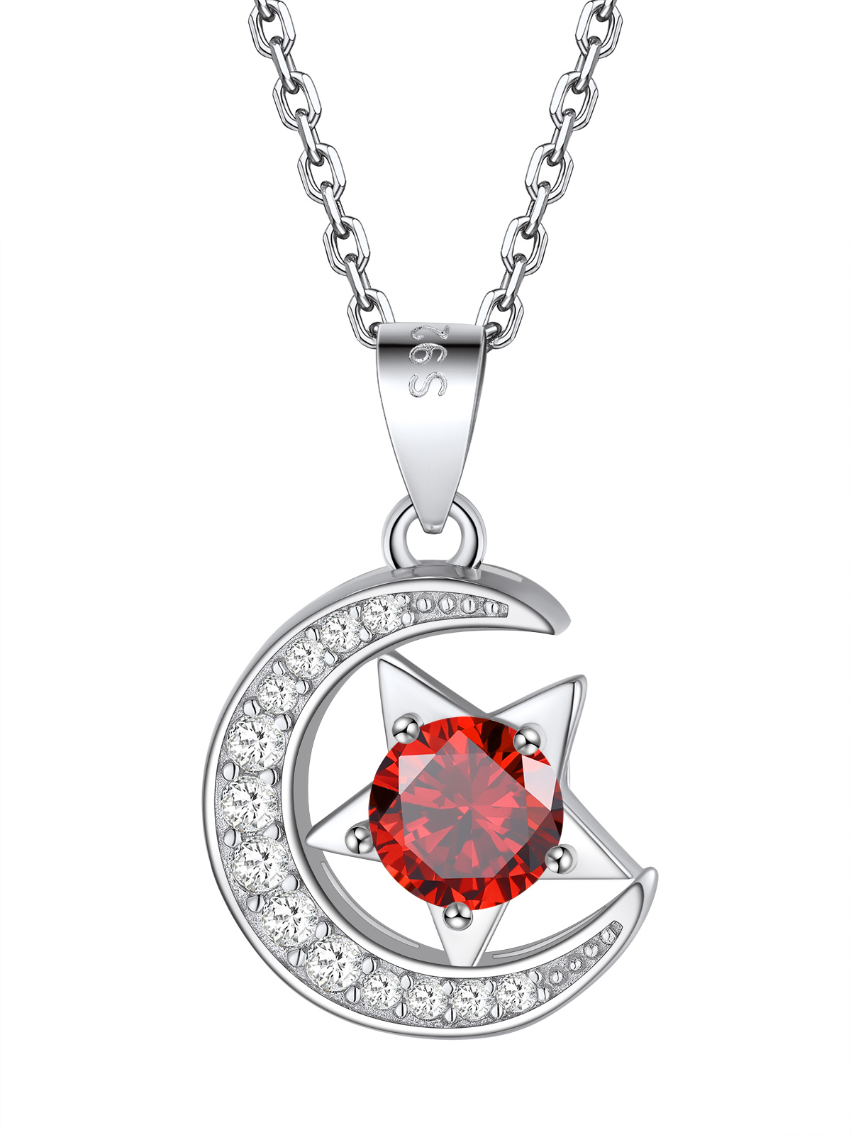 Sparkly Sterling Silver Cute Moon Star Birthstone Necklace