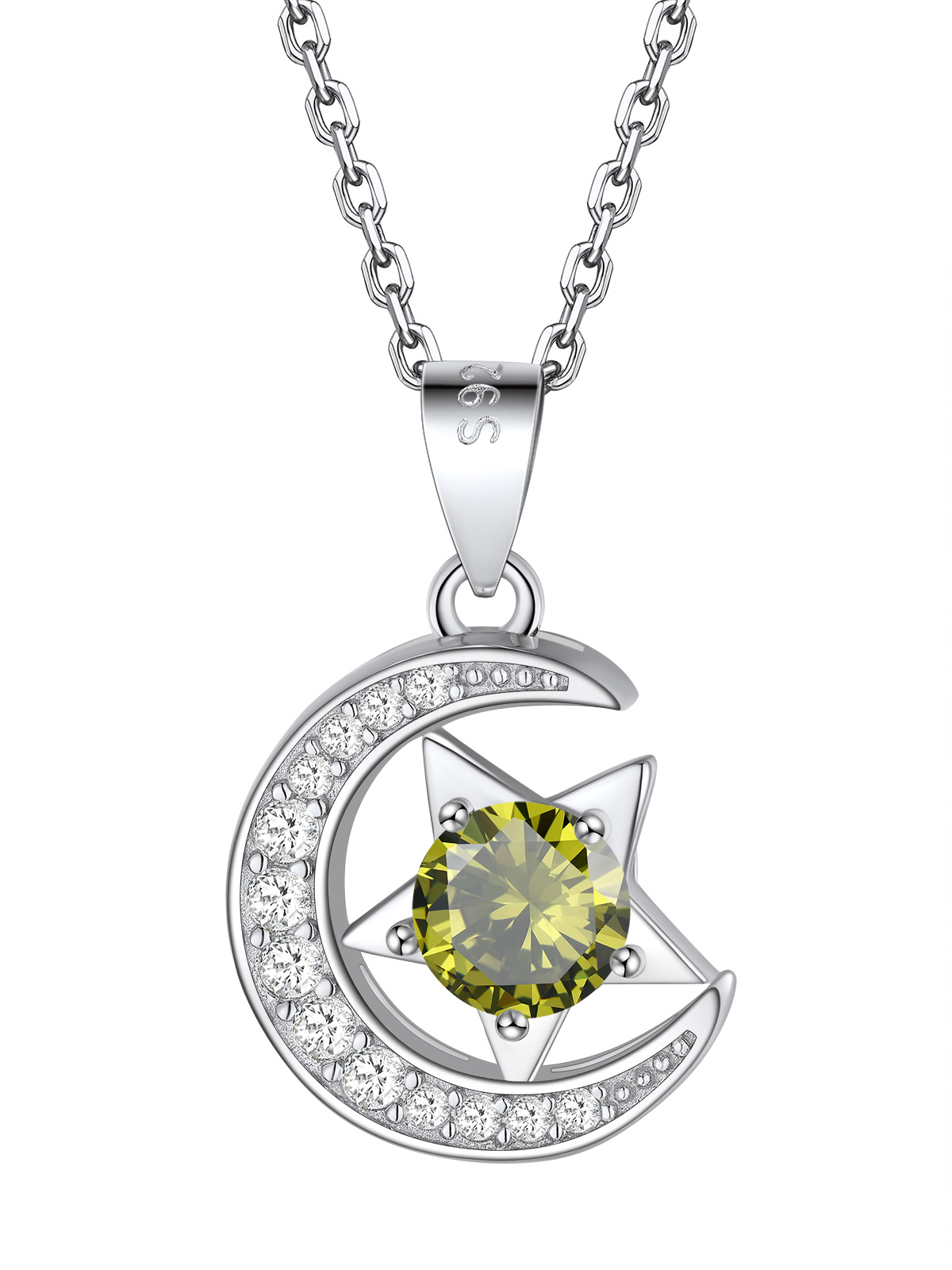 Sparkly Sterling Silver Cute Moon Star Birthstone Necklace