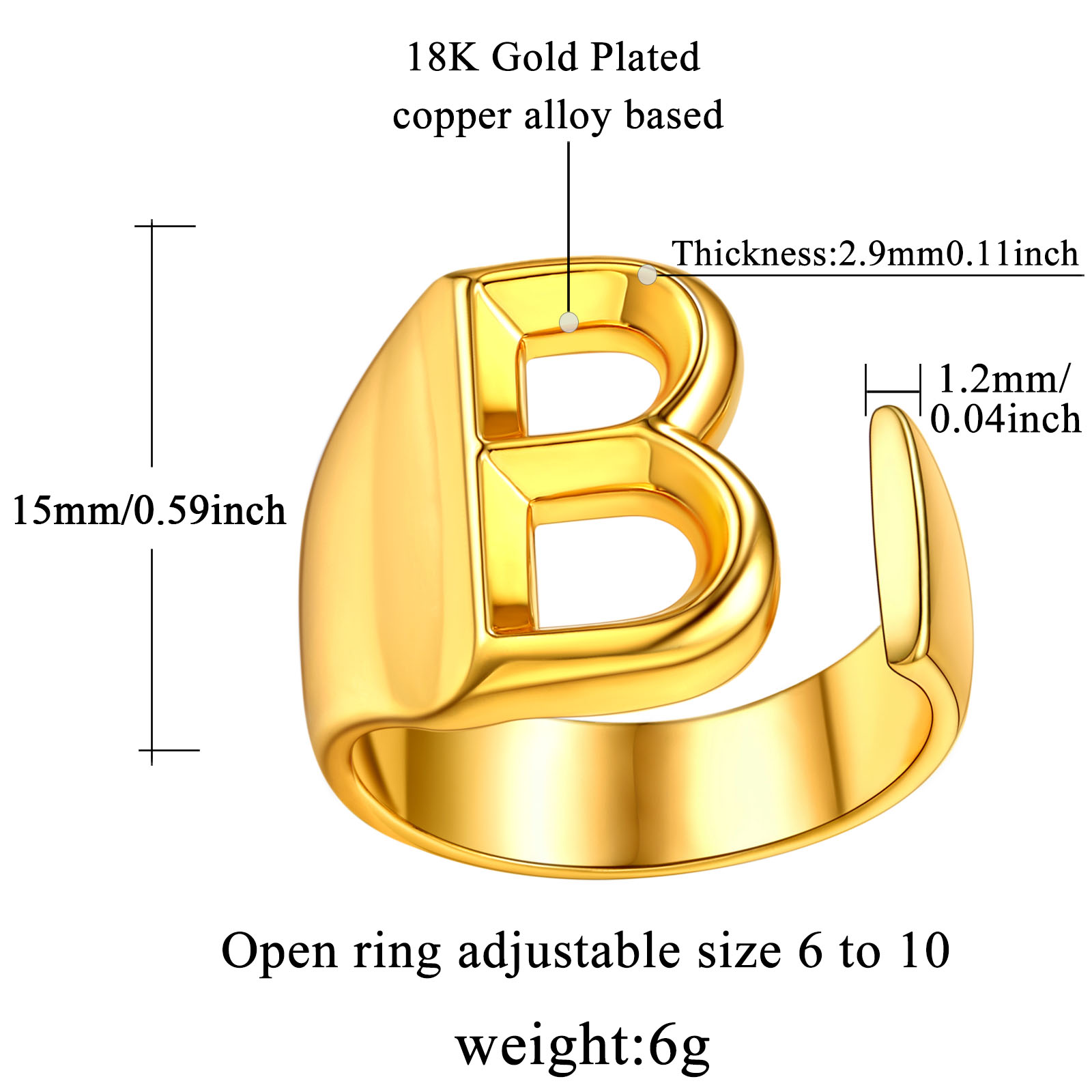 18K Gold Plated Initial Alphabet Resizable Knuckle Cuff Rings Details: Dimensions, Hypoallergenic, Adjustable size for 6~11