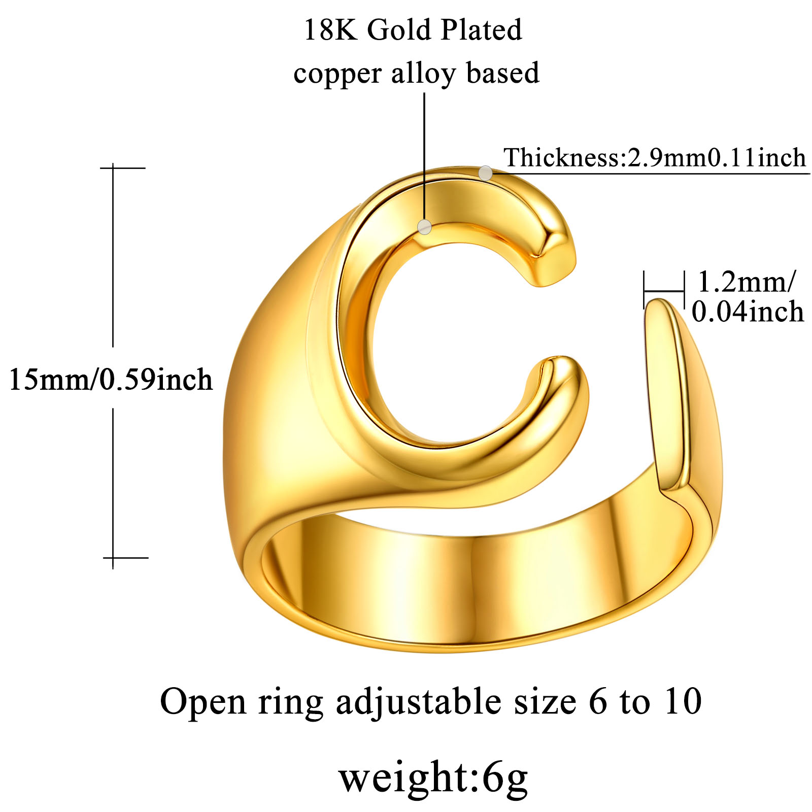 18K Gold Plated Initial Alphabet Resizable Knuckle Cuff Rings Details: Dimensions, Hypoallergenic, Adjustable size for 6~11