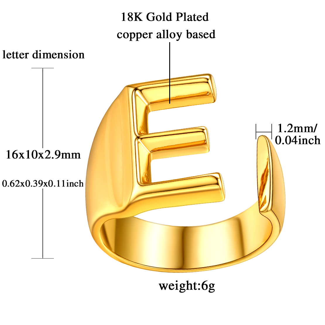 18K Gold Plated Initial Alphabet Resizable Knuckle Cuff Rings Details: Dimensions, Hypoallergenic, Adjustable size for 6~11