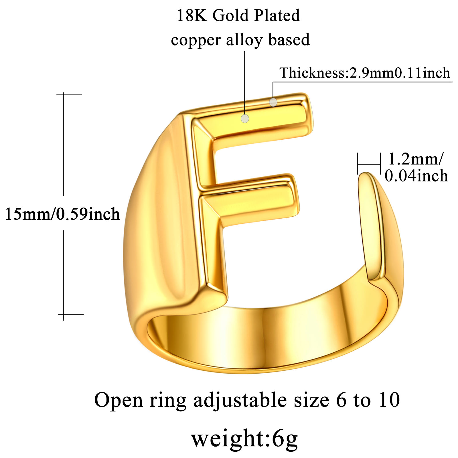 18K Gold Plated Initial Alphabet Resizable Knuckle Cuff Rings Details: Dimensions, Hypoallergenic, Adjustable size for 6~11
