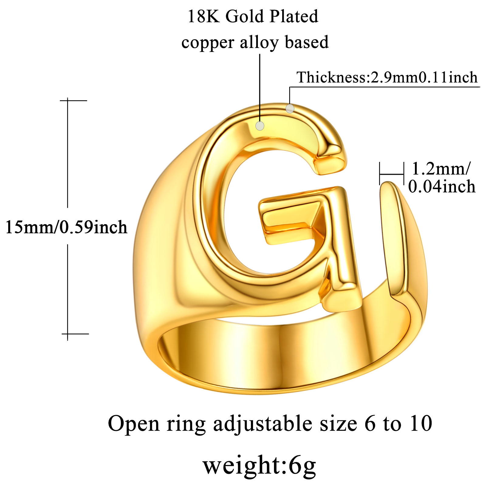 18K Gold Plated Initial Alphabet Resizable Knuckle Cuff Rings Details: Dimensions, Hypoallergenic, Adjustable size for 6~11