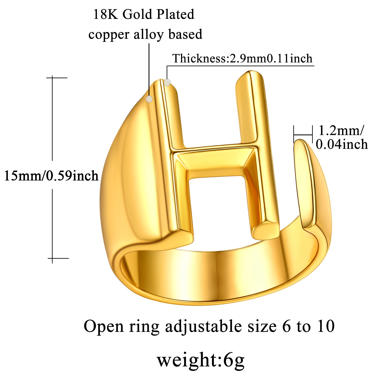 18K Gold Plated Initial Alphabet Resizable Knuckle Cuff Rings Details: Dimensions, Hypoallergenic, Adjustable size for 6~11