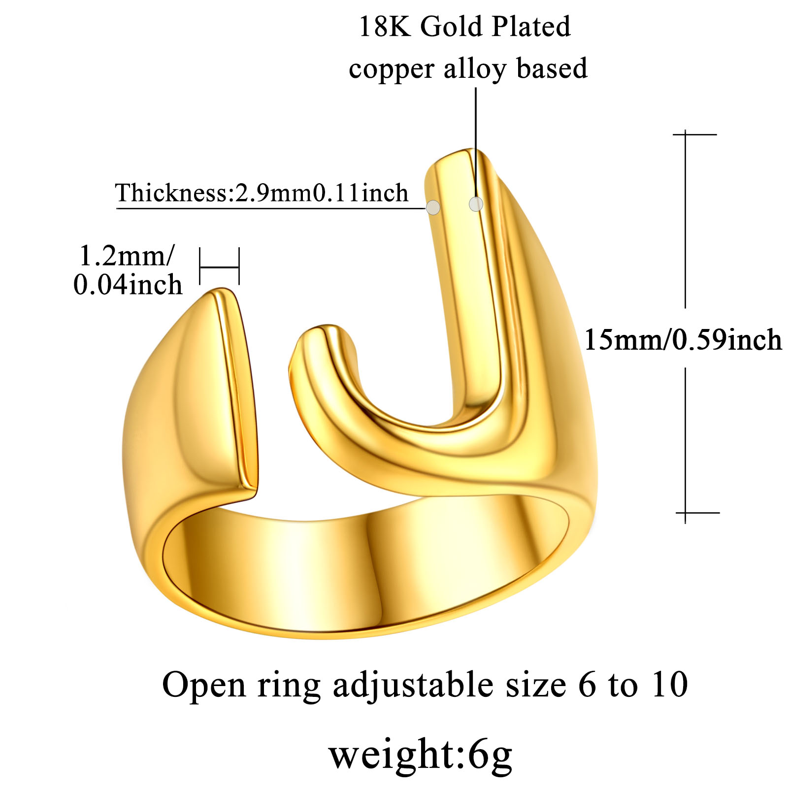 18K Gold Plated Initial Alphabet Resizable Knuckle Cuff Rings Details: Dimensions, Hypoallergenic, Adjustable size for 6~11