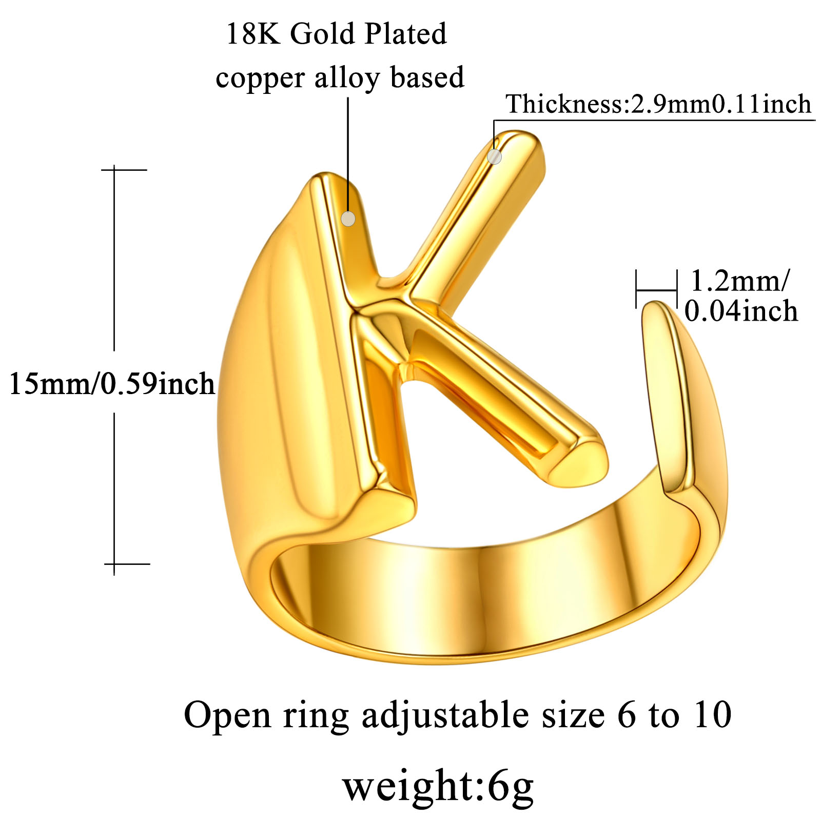 18K Gold Plated Initial Alphabet Resizable Knuckle Cuff Rings Details: Dimensions, Hypoallergenic, Adjustable size for 6~11