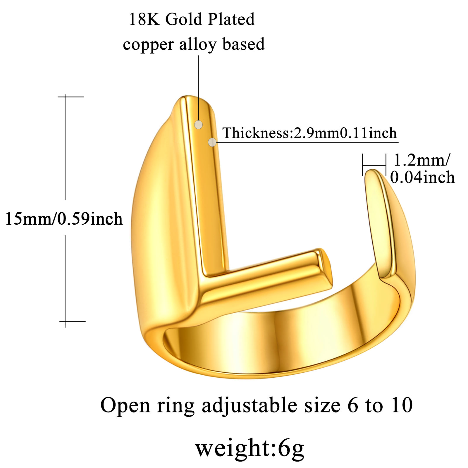 18K Gold Plated Initial Alphabet Resizable Knuckle Cuff Rings Details: Dimensions, Hypoallergenic, Adjustable size for 6~11