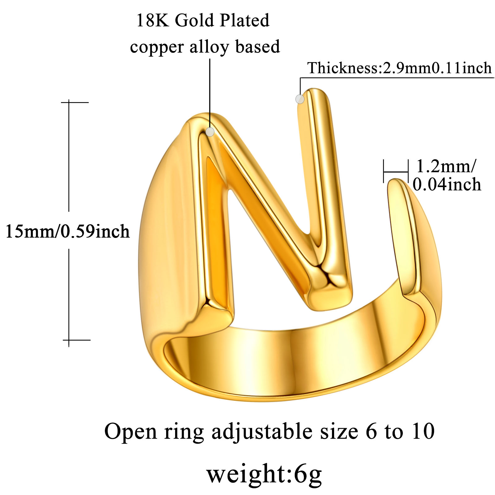 18K Gold Plated Initial Alphabet Resizable Knuckle Cuff Rings Details: Dimensions, Hypoallergenic, Adjustable size for 6~11