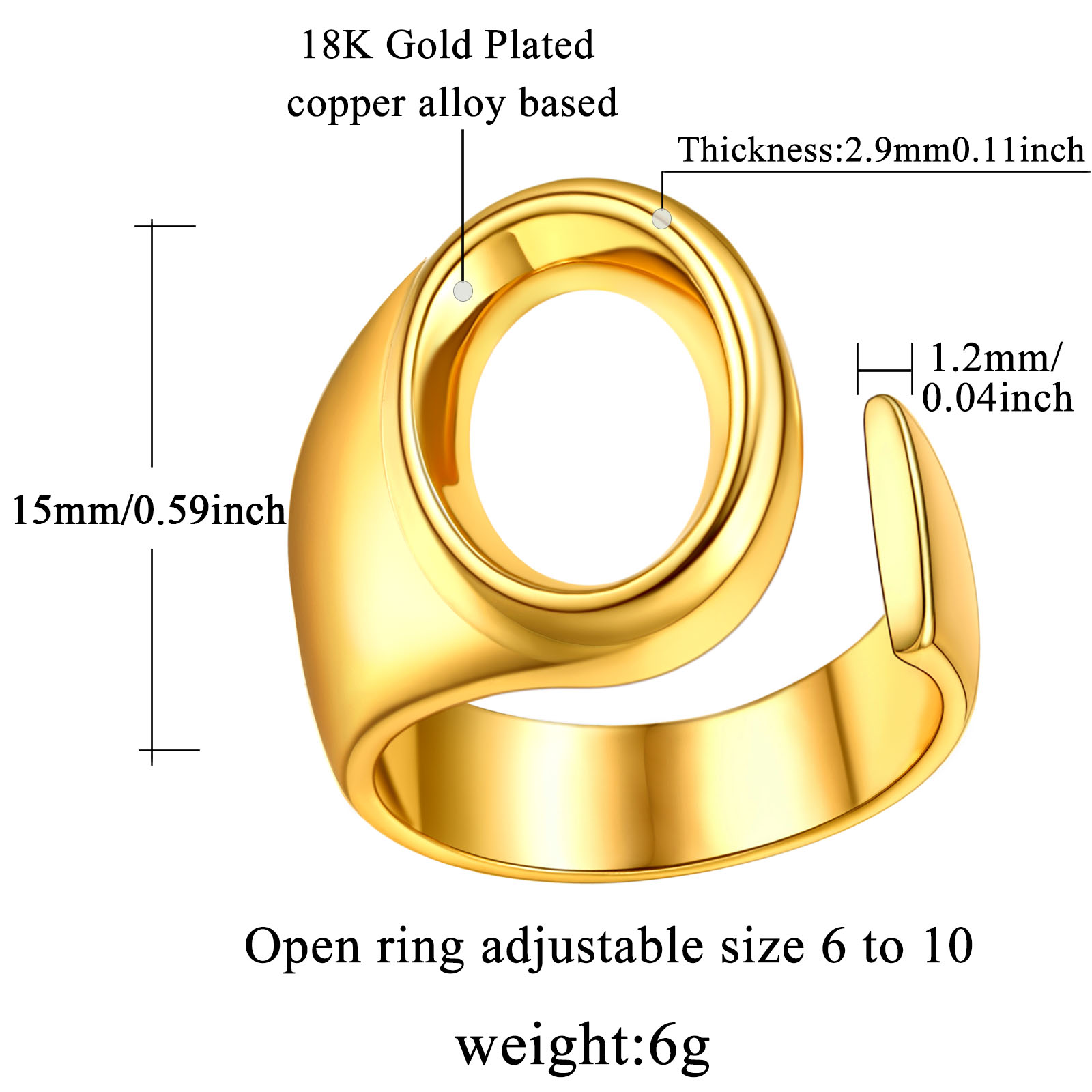 18K Gold Plated Initial Alphabet Resizable Knuckle Cuff Rings Details: Dimensions, Hypoallergenic, Adjustable size for 6~11