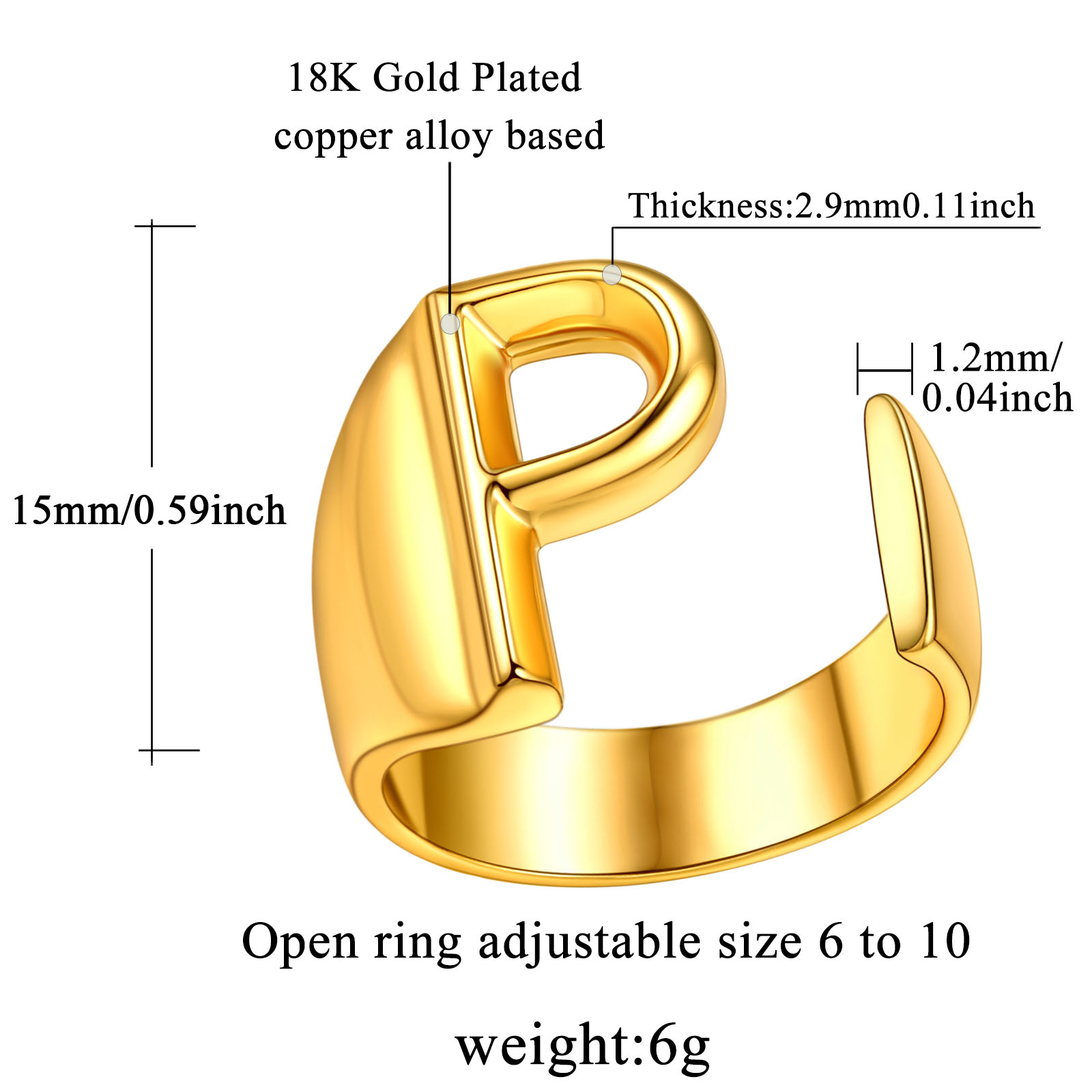 18K Gold Plated Initial Alphabet Resizable Knuckle Cuff Rings Details: Dimensions, Hypoallergenic, Adjustable size for 6~11