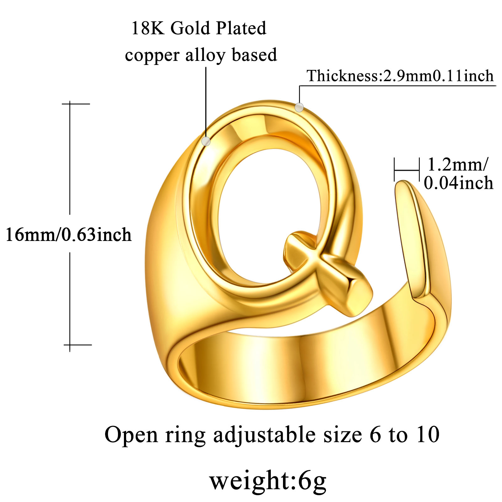 18K Gold Plated Initial Alphabet Resizable Knuckle Cuff Rings Details: Dimensions, Hypoallergenic, Adjustable size for 6~11