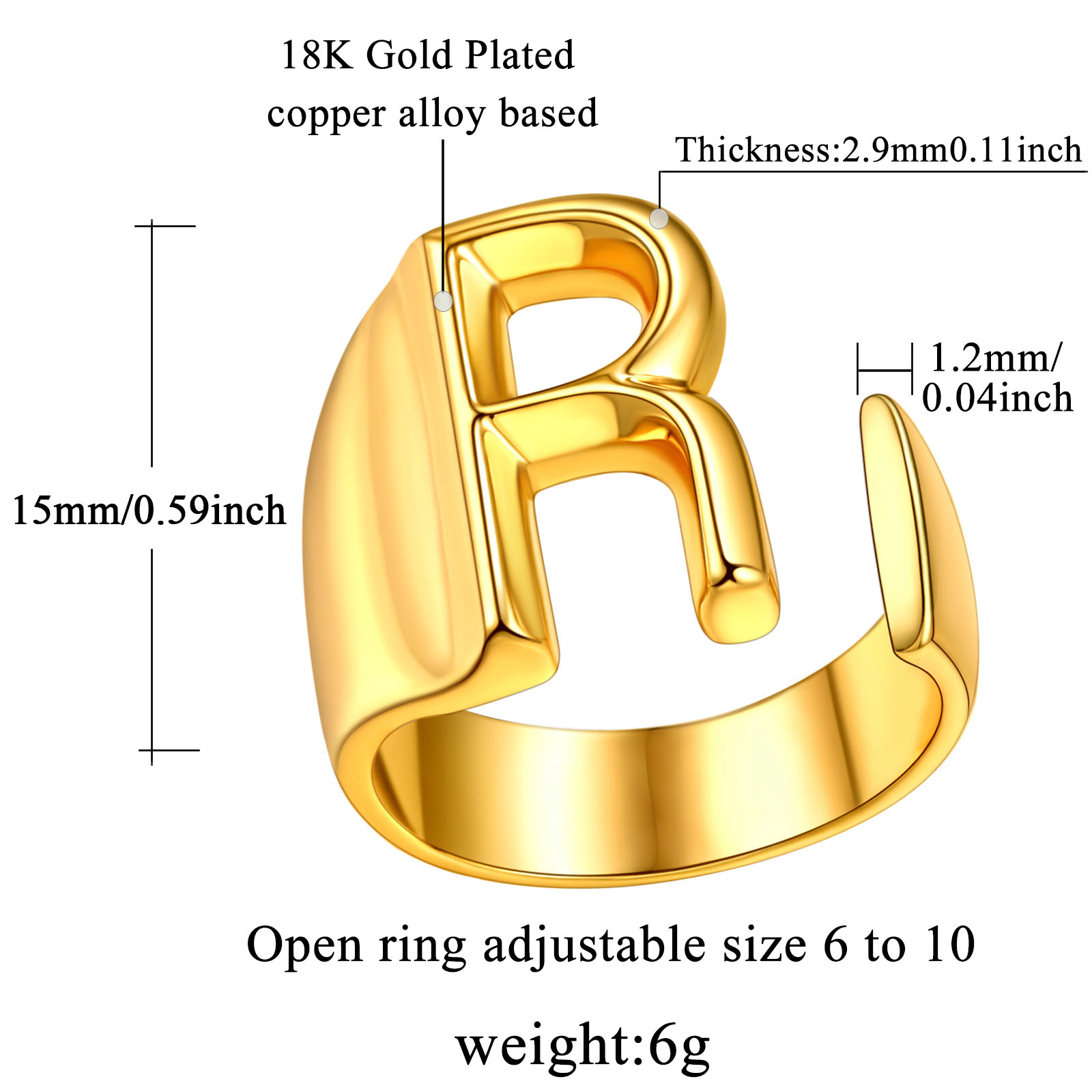 18K Gold Plated Initial Alphabet Resizable Knuckle Cuff Rings Details: Dimensions, Hypoallergenic, Adjustable size for 6~11