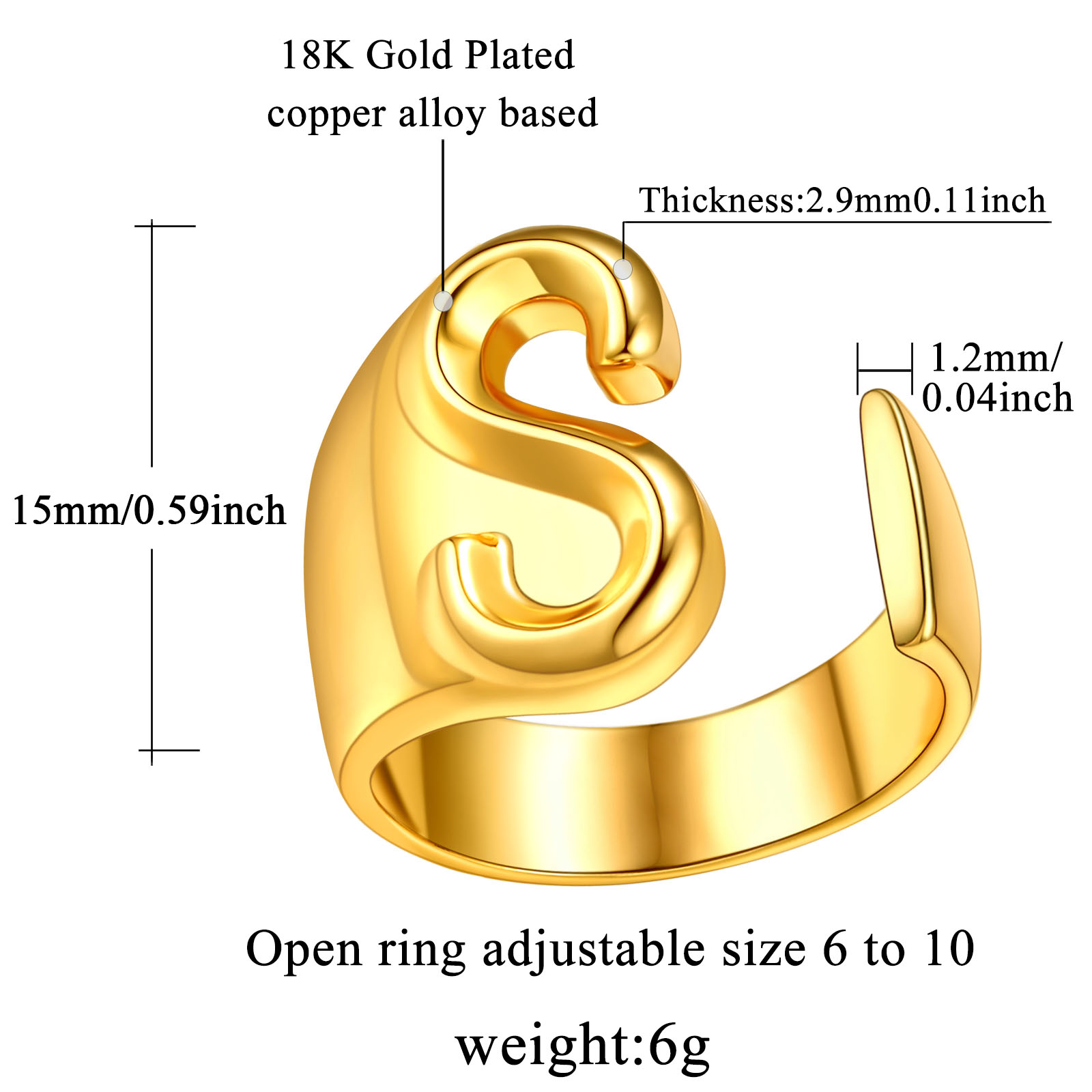 18K Gold Plated Initial Alphabet Resizable Knuckle Cuff Rings Details: Dimensions, Hypoallergenic, Adjustable size for 6~11