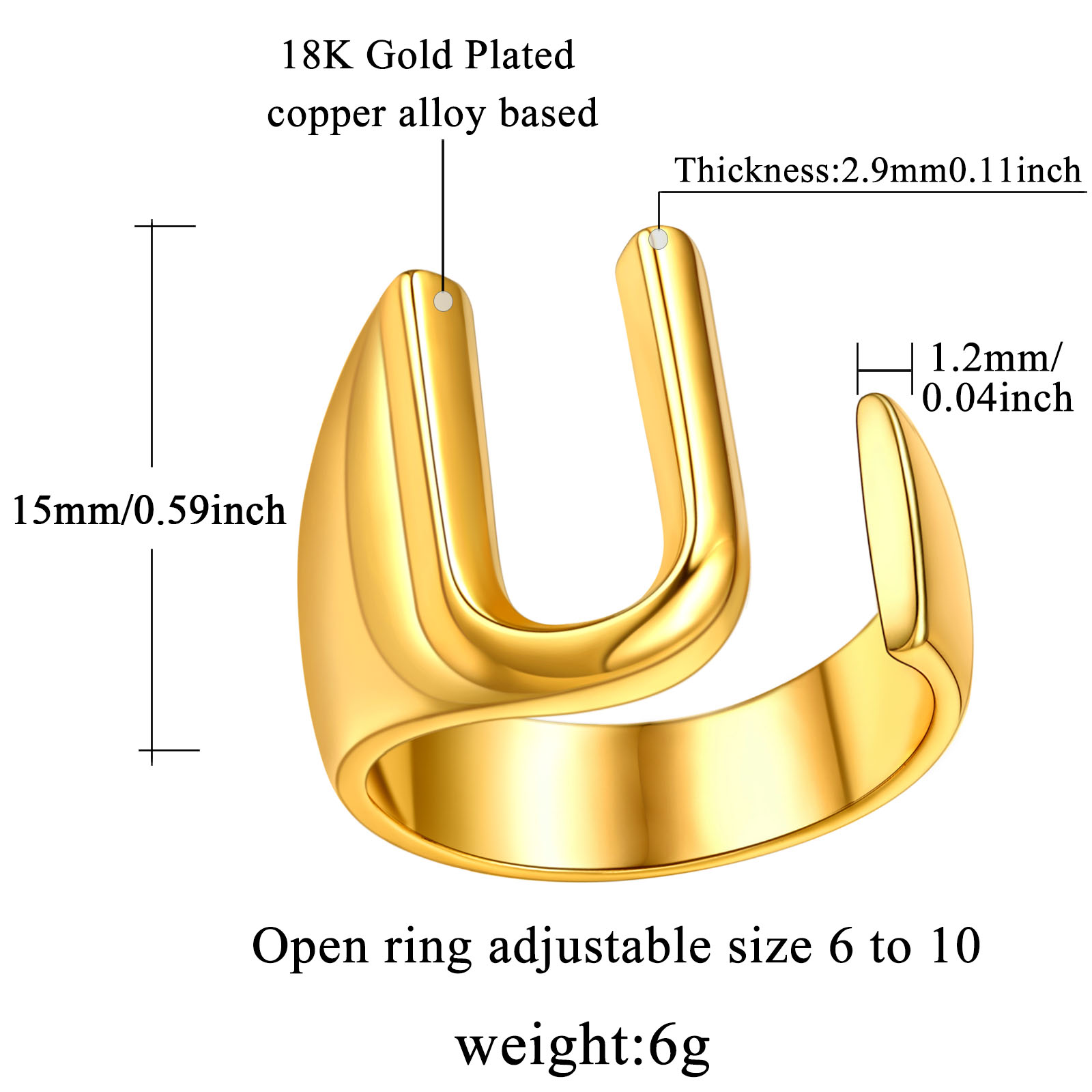 18K Gold Plated Initial Alphabet Resizable Knuckle Cuff Rings Details: Dimensions, Hypoallergenic, Adjustable size for 6~11