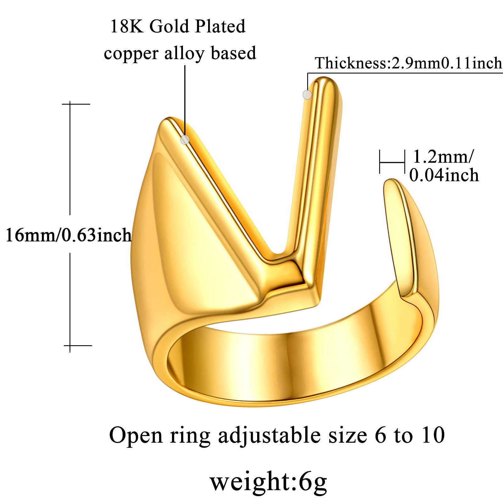 18K Gold Plated Initial Alphabet Resizable Knuckle Cuff Rings Details: Dimensions, Hypoallergenic, Adjustable size for 6~11